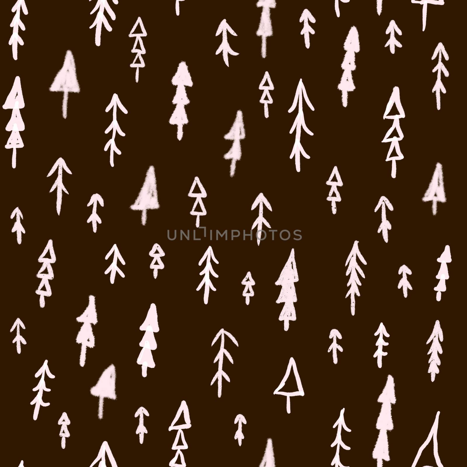 Hand drawn Christmas tree seamless pattern on black background. Festive endless background. Doodle ink repeat pattern design for for scrapbooking, cards, wrapping paper, wallpaper.
