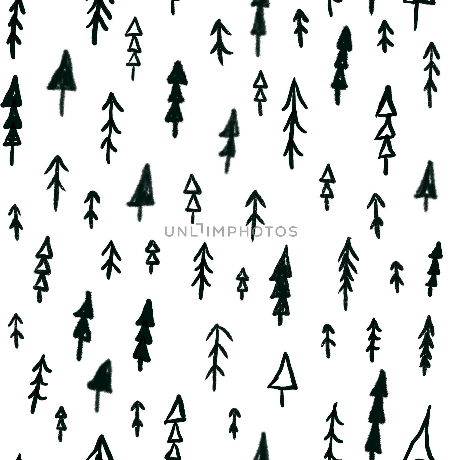 Hand drawn Christmas tree seamless pattern on white background. Festive endless background. Doodle ink repeat pattern design for for scrapbooking, cards, wrapping paper, wallpaper.