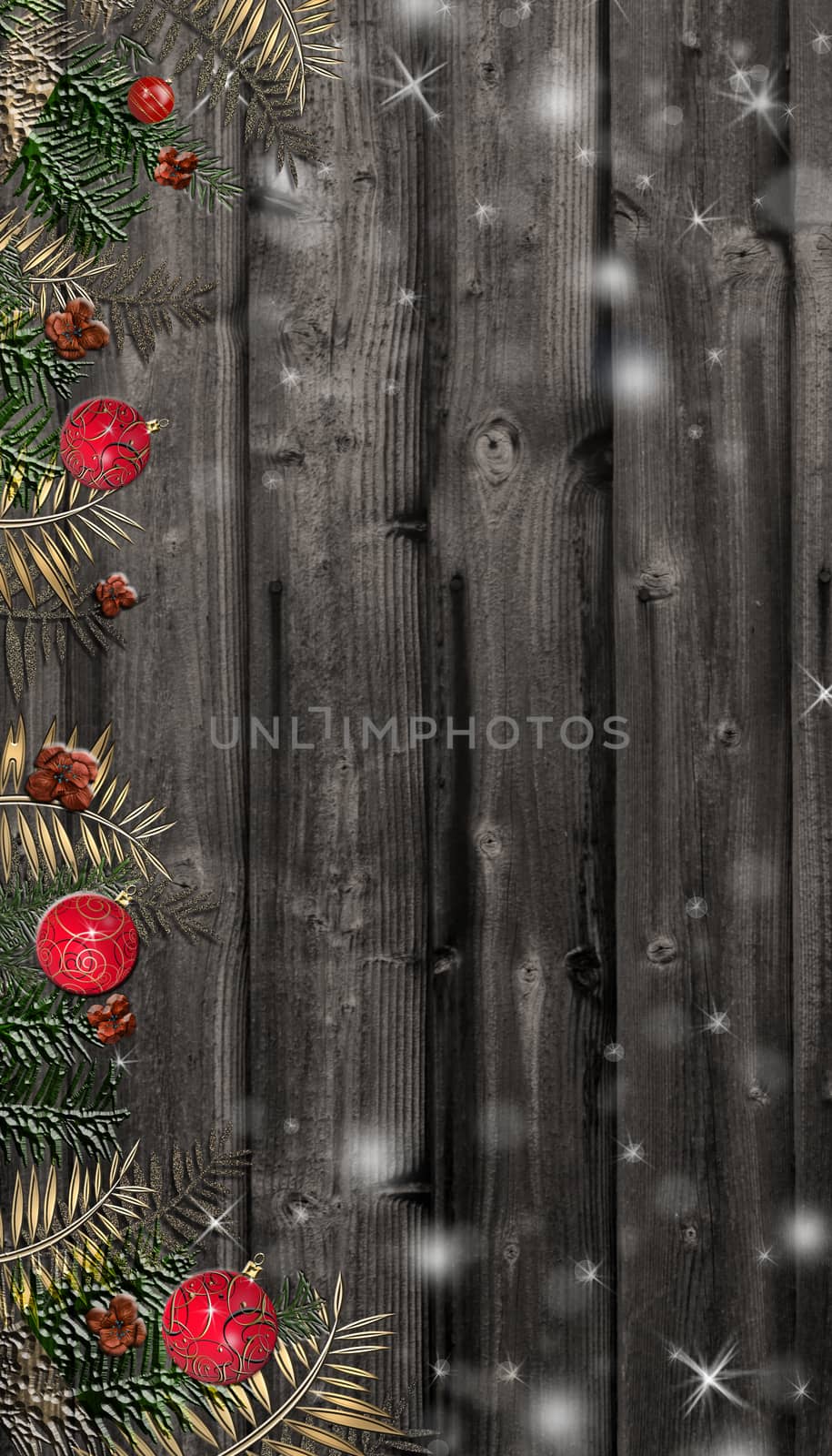 Christmas 2021 New Year dark wood background, Xmas dark wooden board framed with realistic season Christmas decorations, space for a text, top view, flat lay, copy space. 3D render