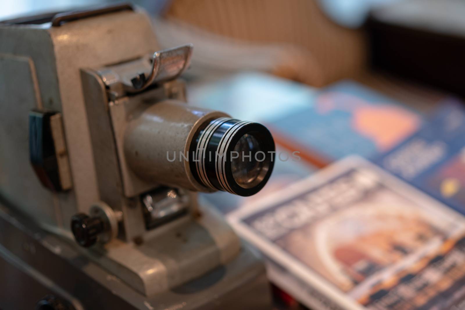 Vintage, antique large format camera in blurred background.