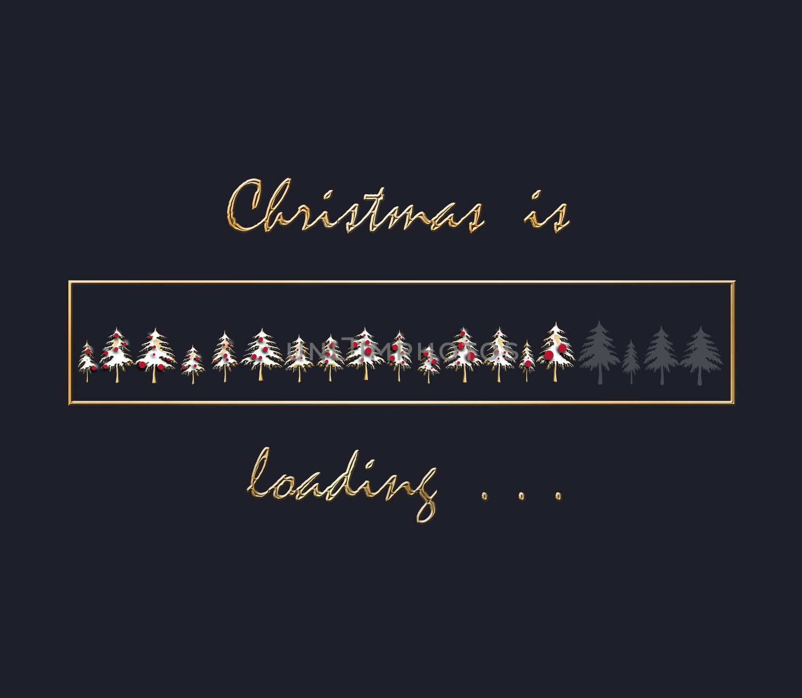 Christmas loading design. Gold fir trees on dark blue background. Gold text Christmas is loading. 3D render