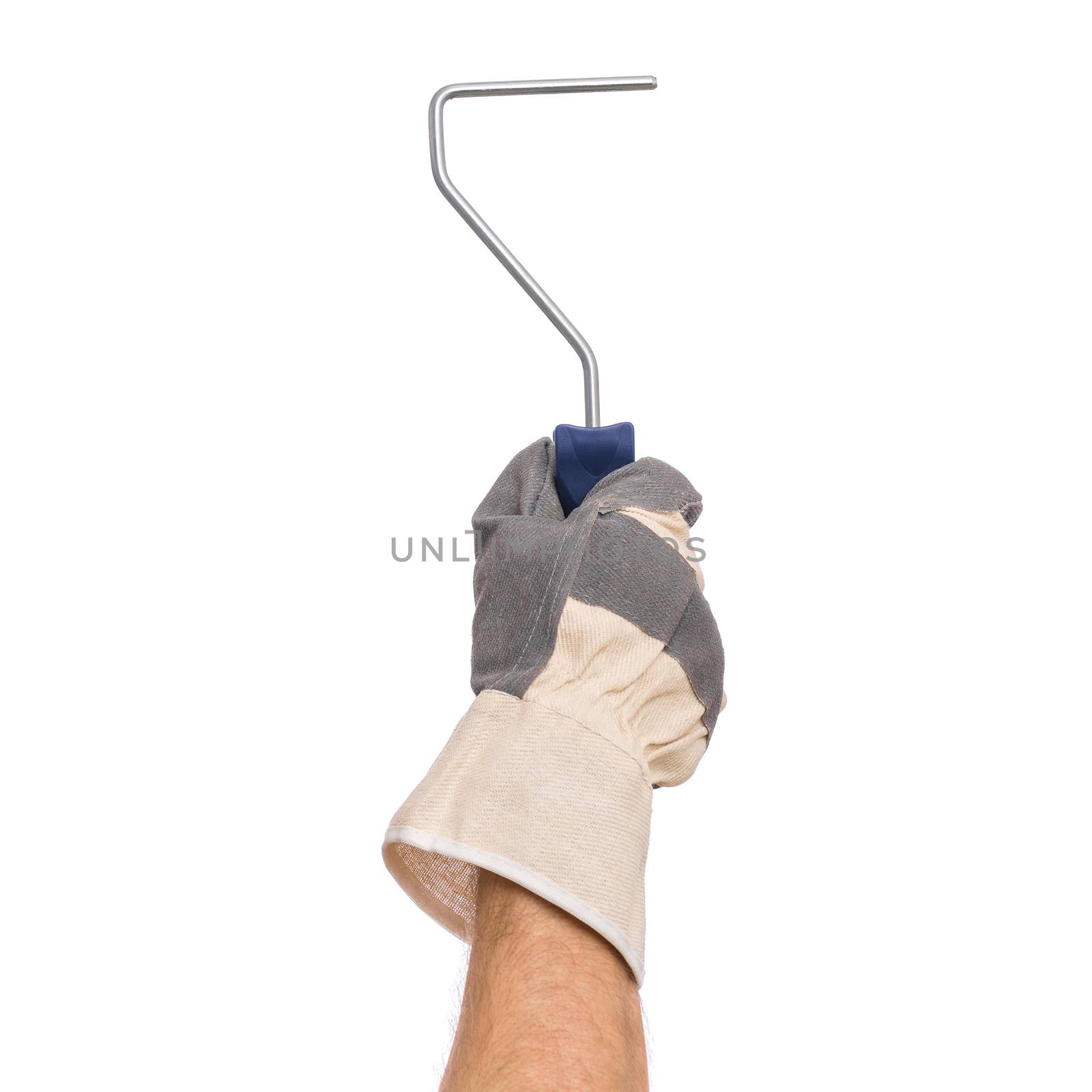 Close up view of Worker Man Hand with Paint Roller Brush. Male Hand wearing Working Glove with Tools. Human hand holding new Roller, isolated on white background.