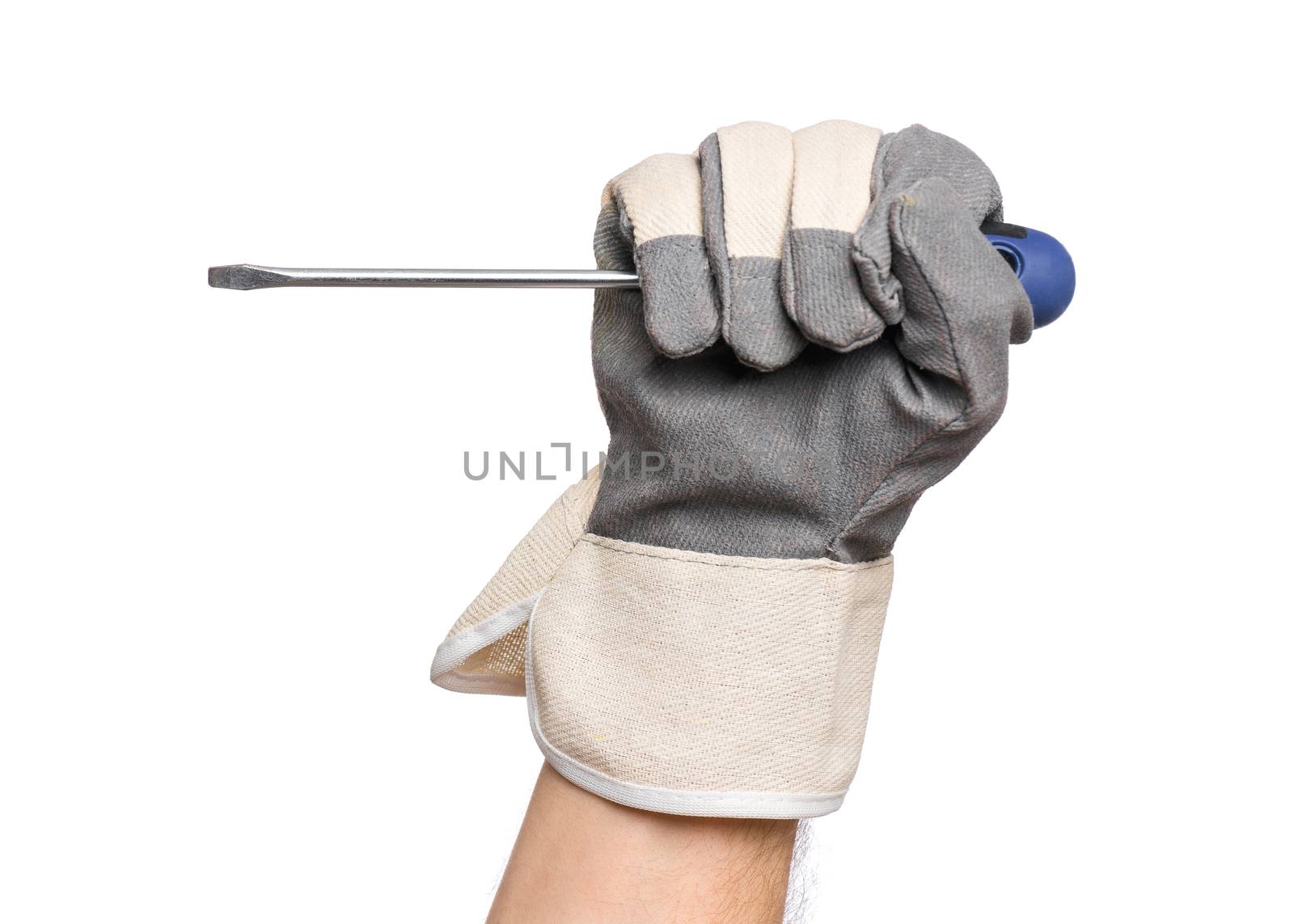 Hand with glove and screwdriver by fotostok_pdv