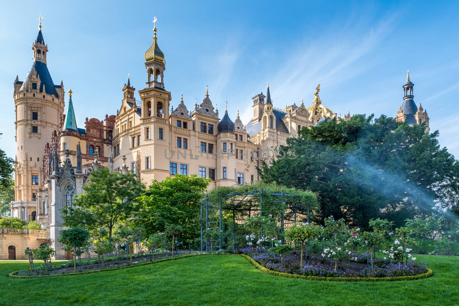 Beautiful fairytale castle in Schwerin on a summer day.