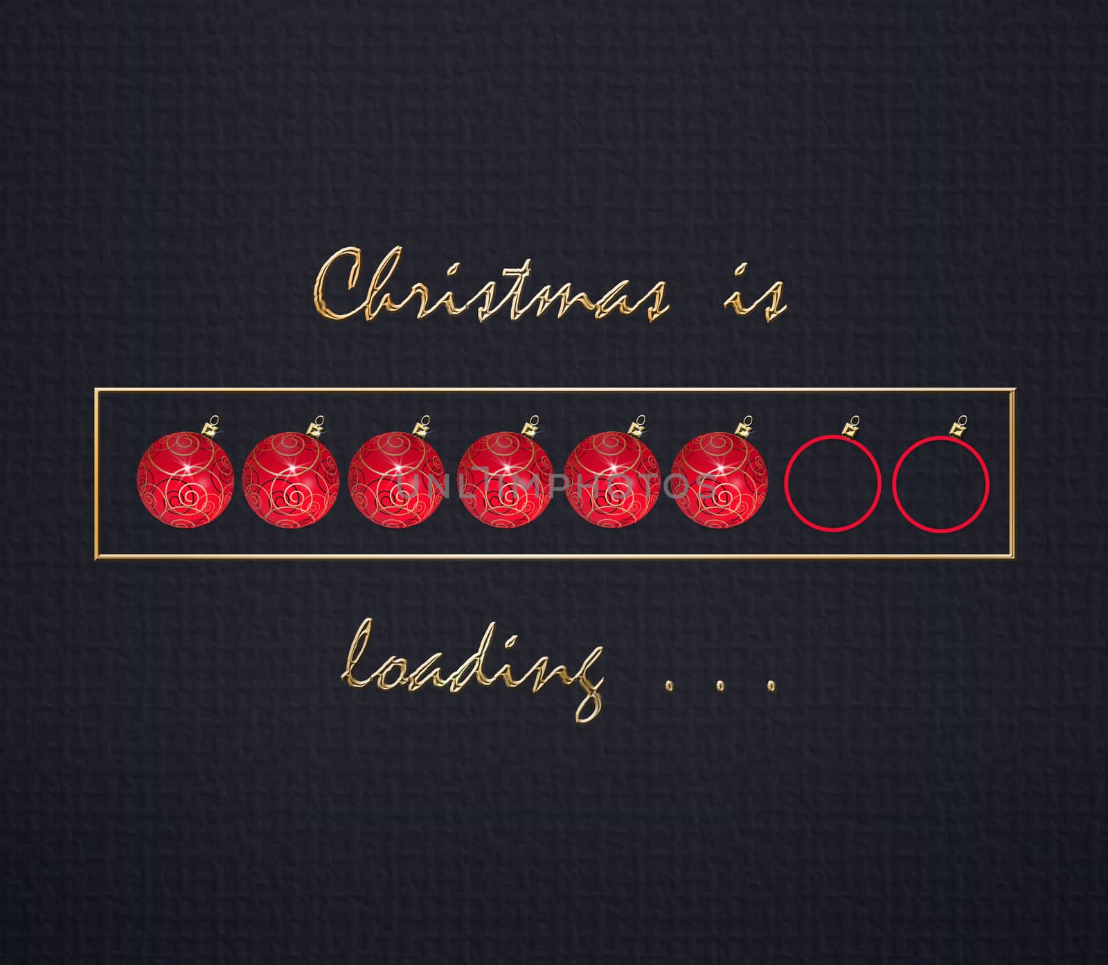 Loading Christmas or 2021 New Year design. Progress indicator made of red gold Christmas balls baubles on dark blue background. Text Christmas is loading. 3D render