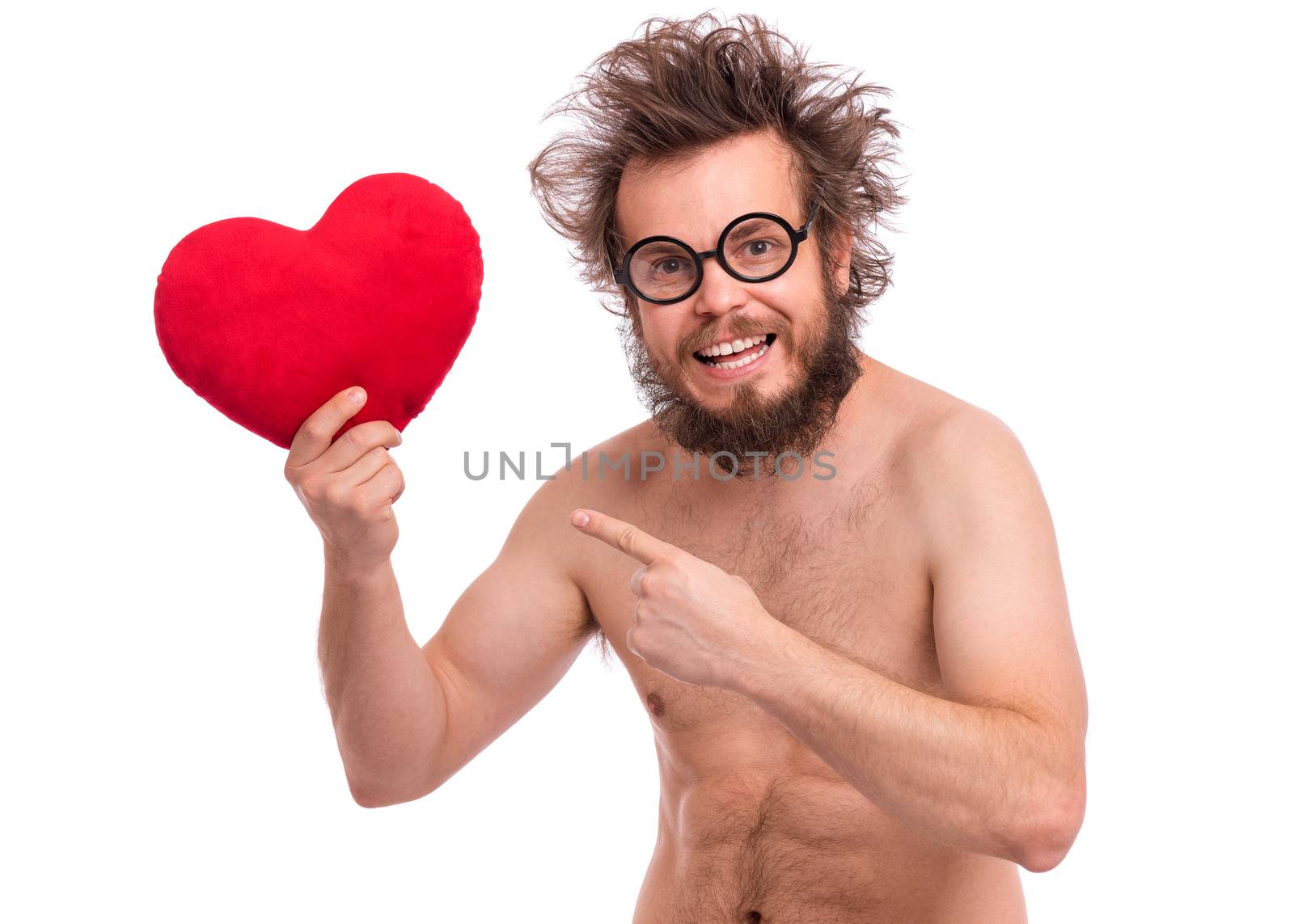 Happy Valentines Day. Crazy bearded Man with funny Haircut in eye Glasses. Happy and silly guy in Love, isolated on white background. Cheerful naked man with Red plush Heart.