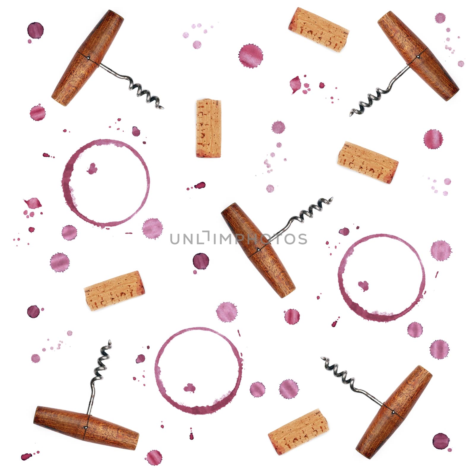 Pattern of red wine ring stains, drops, corks and bottle openers isolated on white background