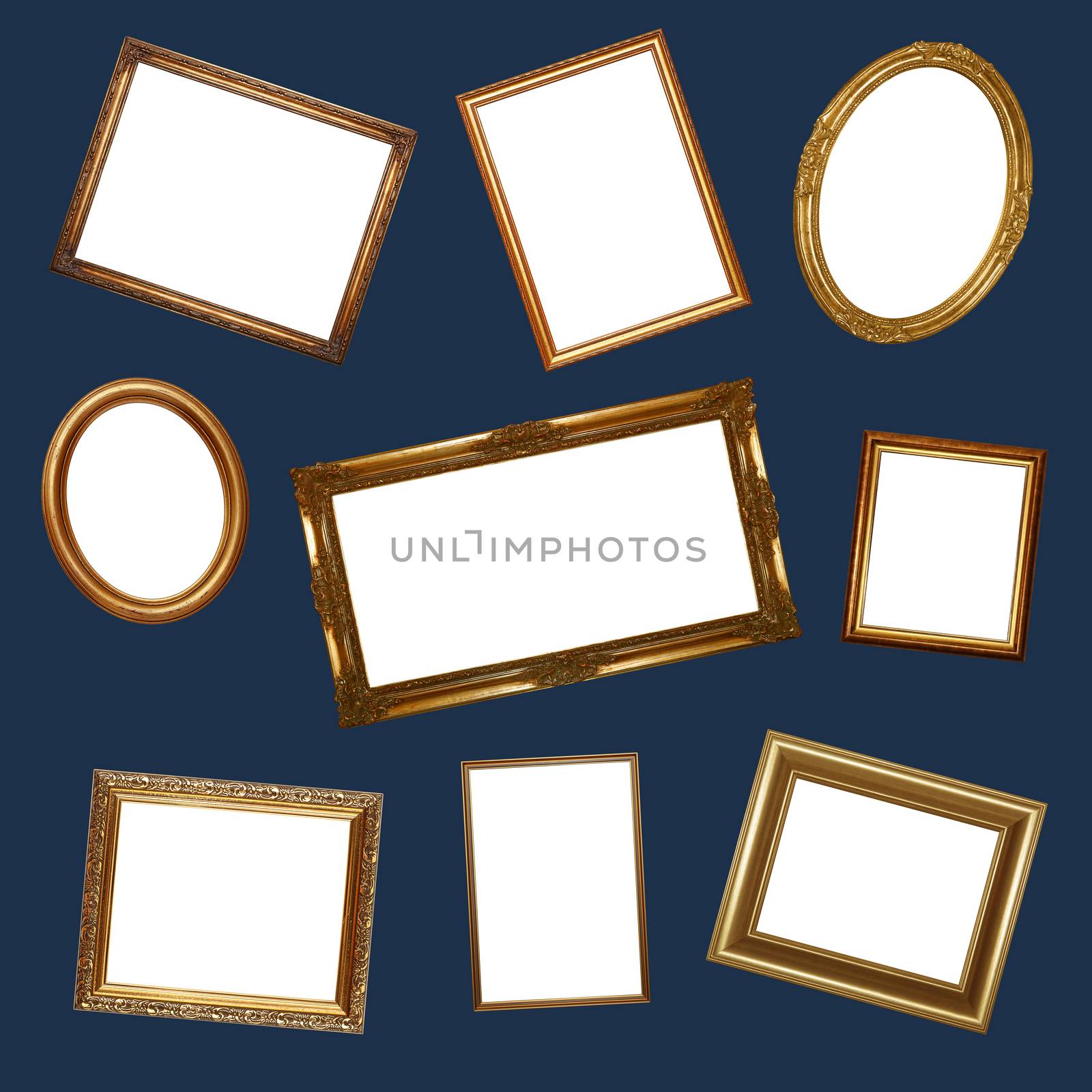 Pattern of many different empty baroque style golden picture frames over dark blue background