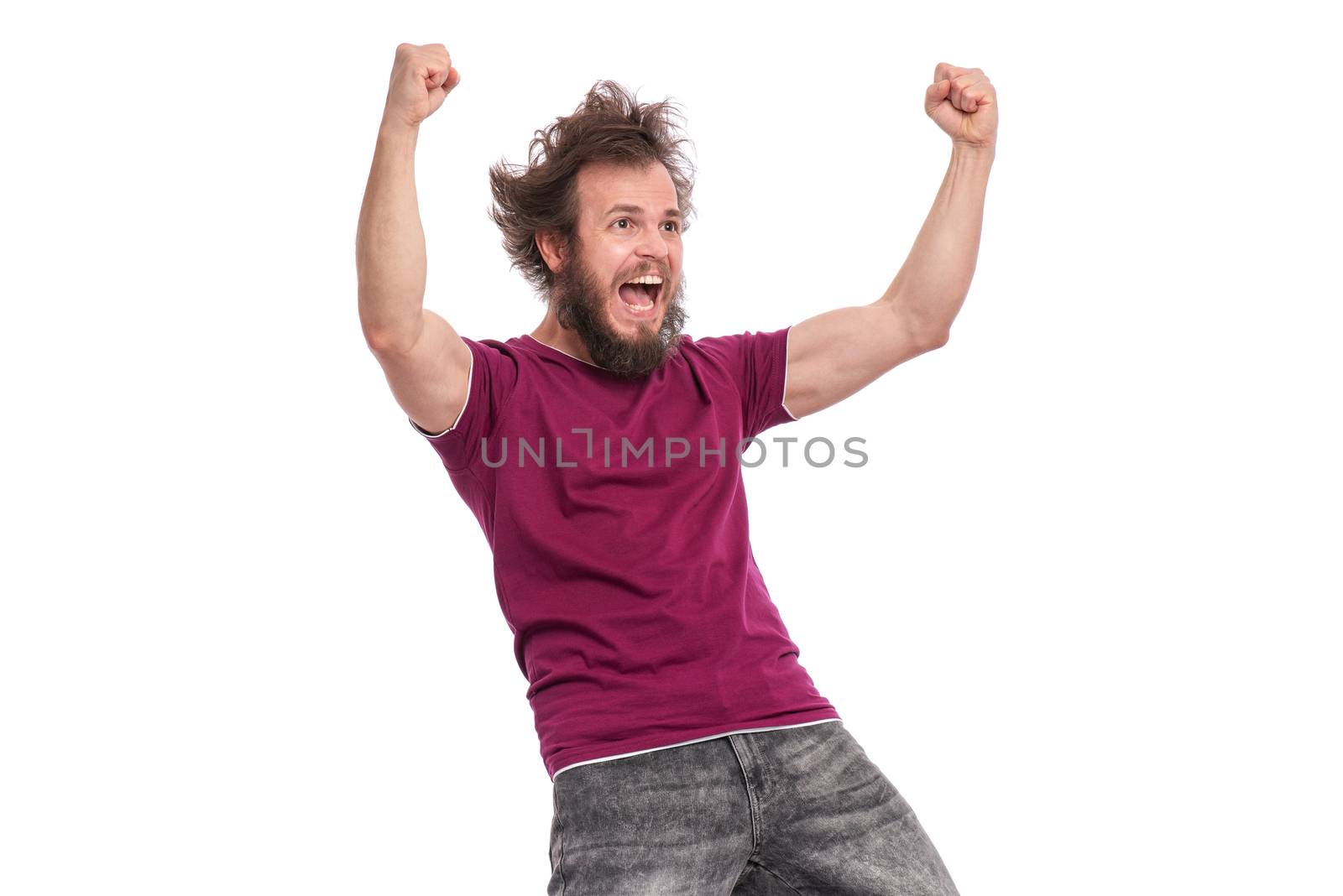 Happy winner. Crazy bearded Man with funny Haircut celebrating his success. Guy make victory gesture, screaming and keeping mouth open, isolated on white background.