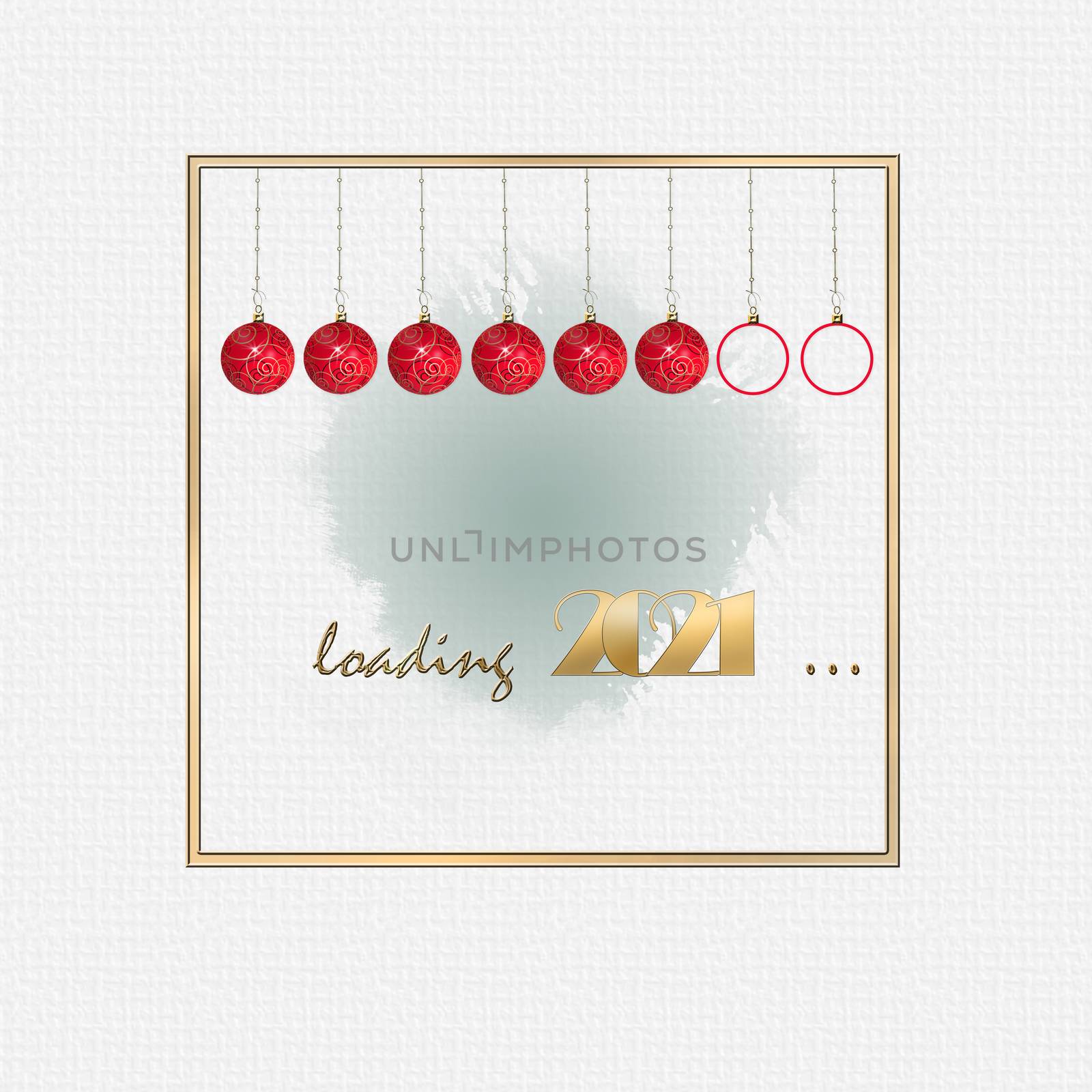 2021 New Year loading background. Hangind red gold baubles, gold digit 2021, text Loading on pastel white background. Place for text, mock up. 3D illustration