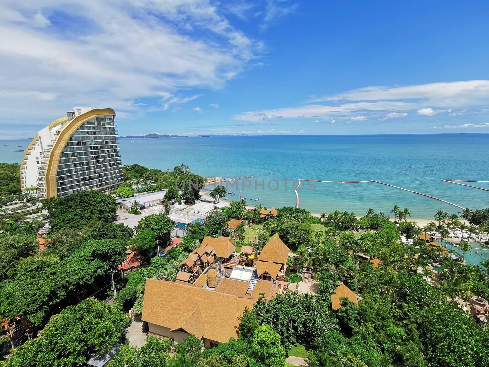 The landscape of beach and Sea view for vacation and summer from high hotel view with blue sky in the morning.