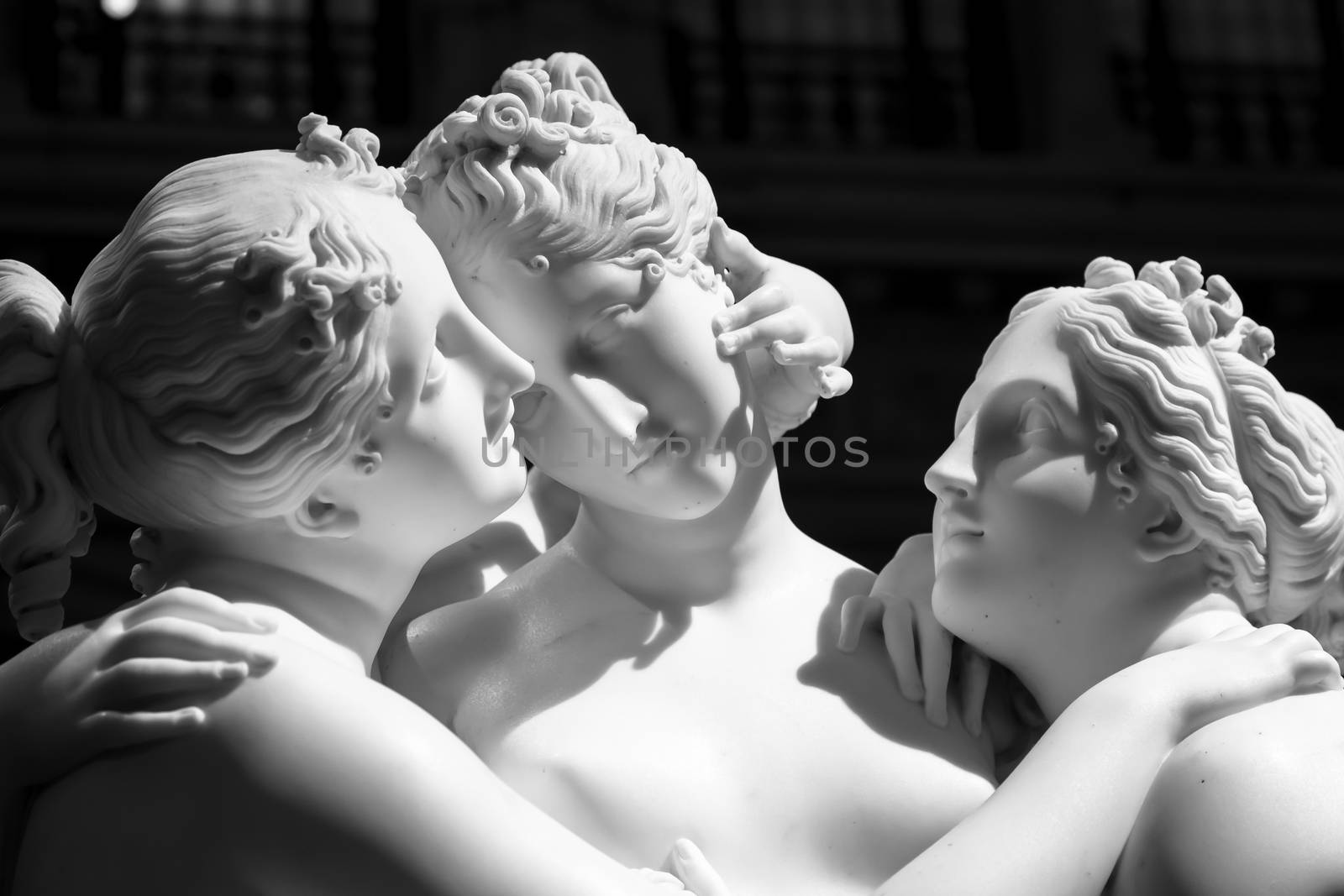 MILAN, ITALY - CIRCA JUNE 2020: Antonio Canova’s statue The Three Graces (Le tre Grazie). Neoclassical sculpture, in marble, of the mythological three charites (made in Rome, 1814-1817)