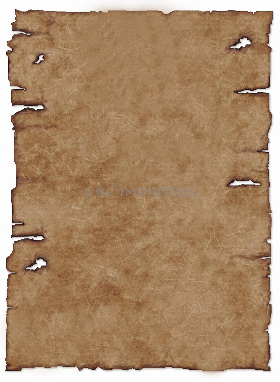 Old parchment with burnt and perforated edges on the sides of brown .Texture or background