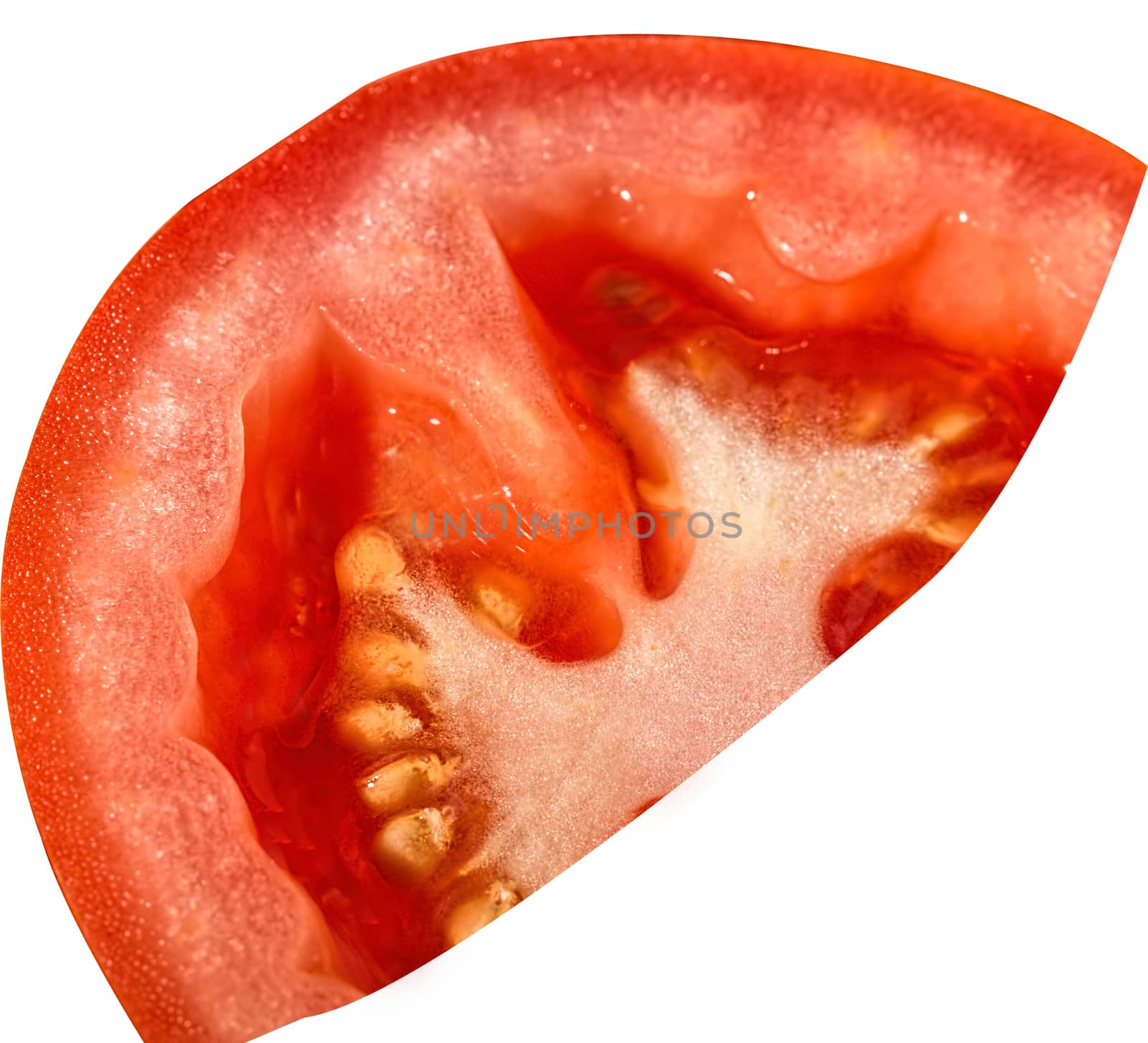 One slice of red tomato with grains close-up .Texture or background