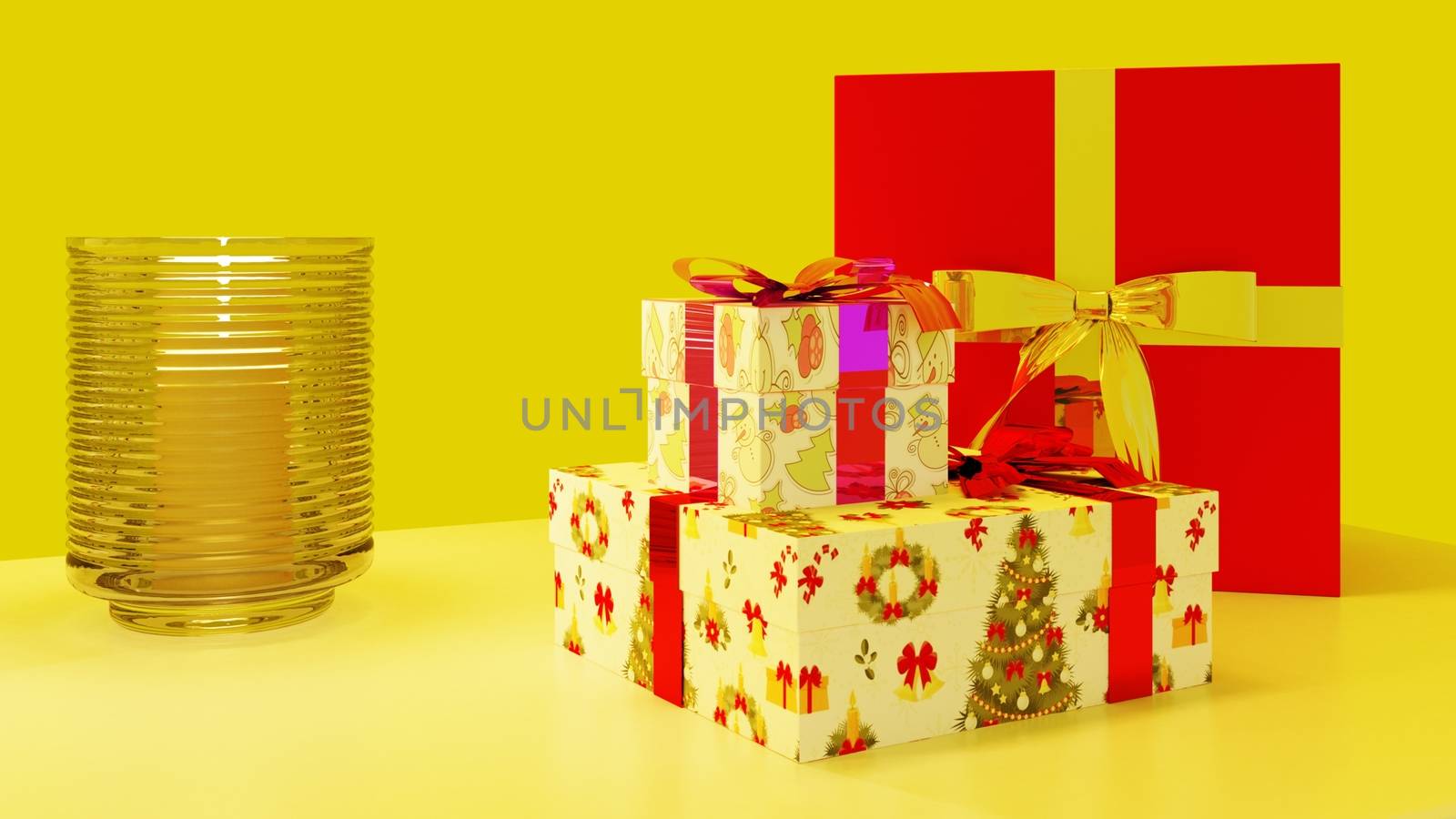 Christmas-gifts with caldle and Chstrimas tree on yellow background.