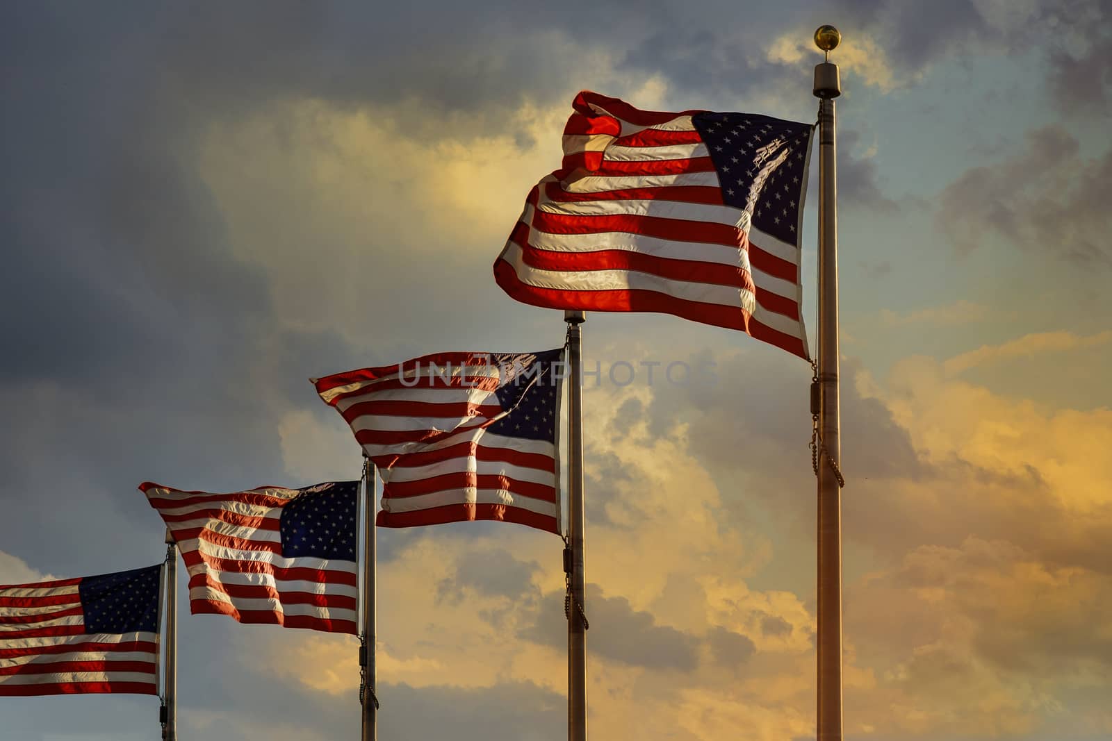 God bless America, US flag during an amazing soft sunset