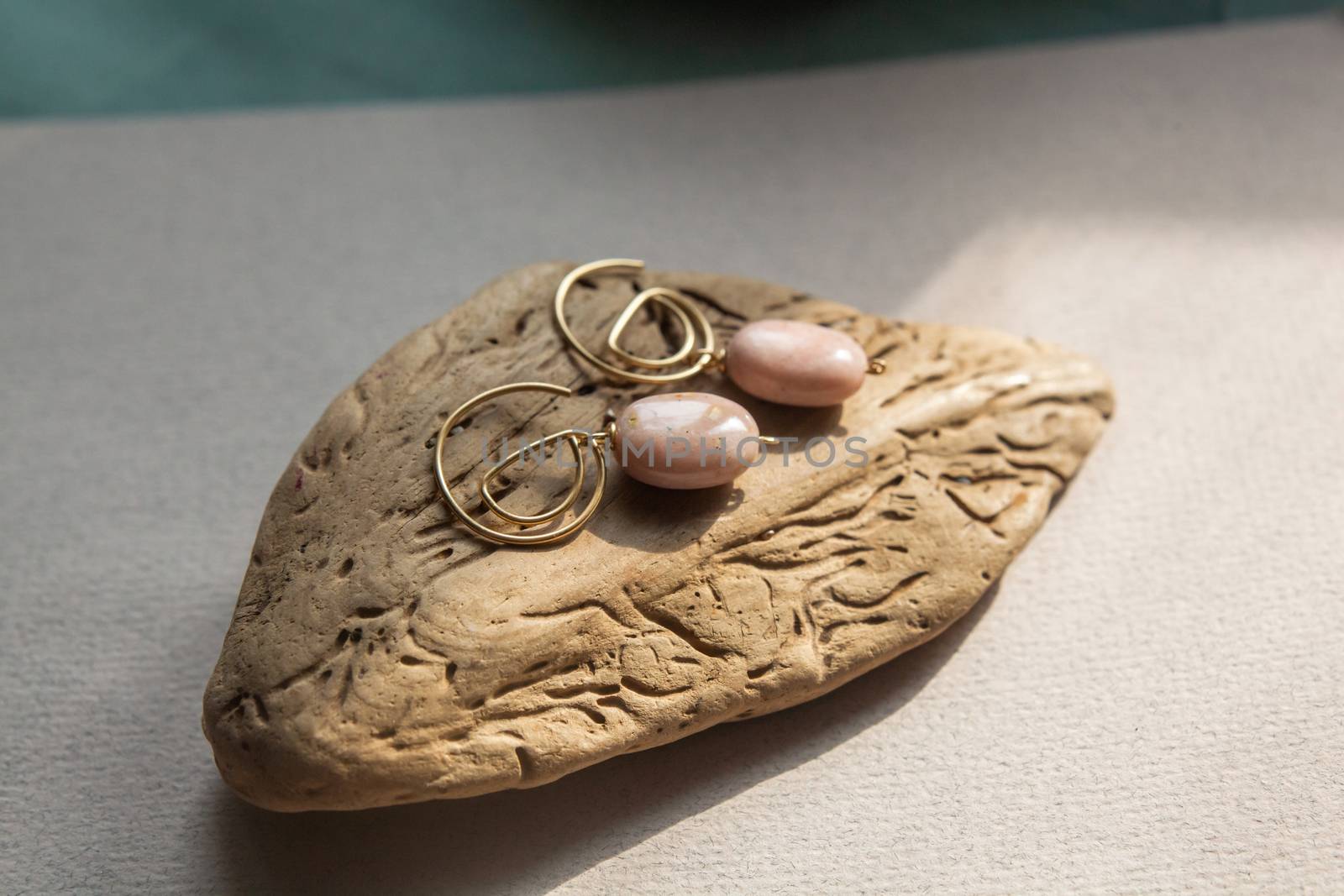 Stylish earrings made of natural pink opal stone with Golden brass fittings on piece of wood pattern from the activity of bark beetle. Natural day solar lighting.