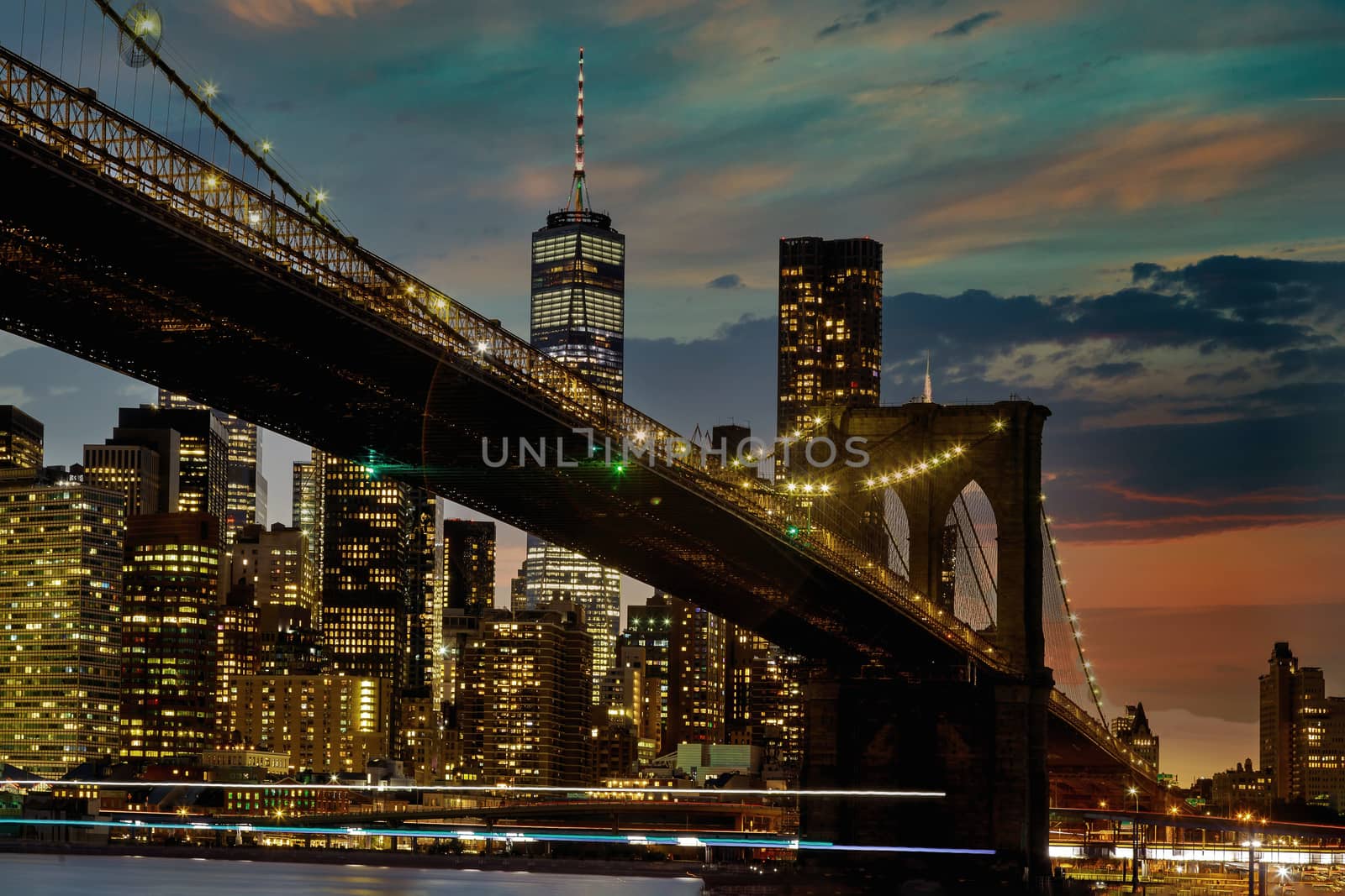 Brooklyn Bridge panorama at sunset New York City Manhattan after sunset beautiful cityscape by ungvar