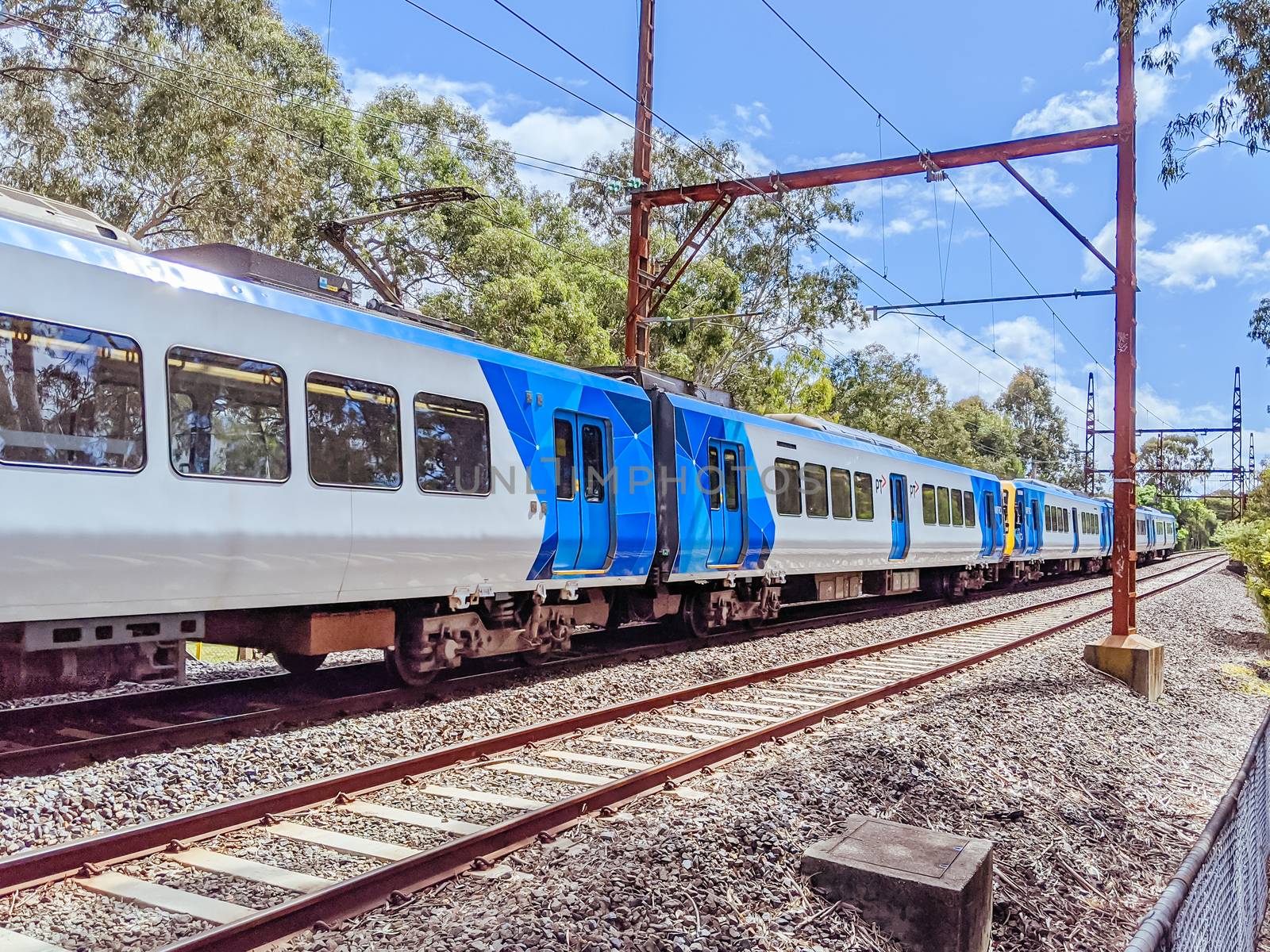 A typical suburban train in Macleod, Melbourne, Victoria, Australia