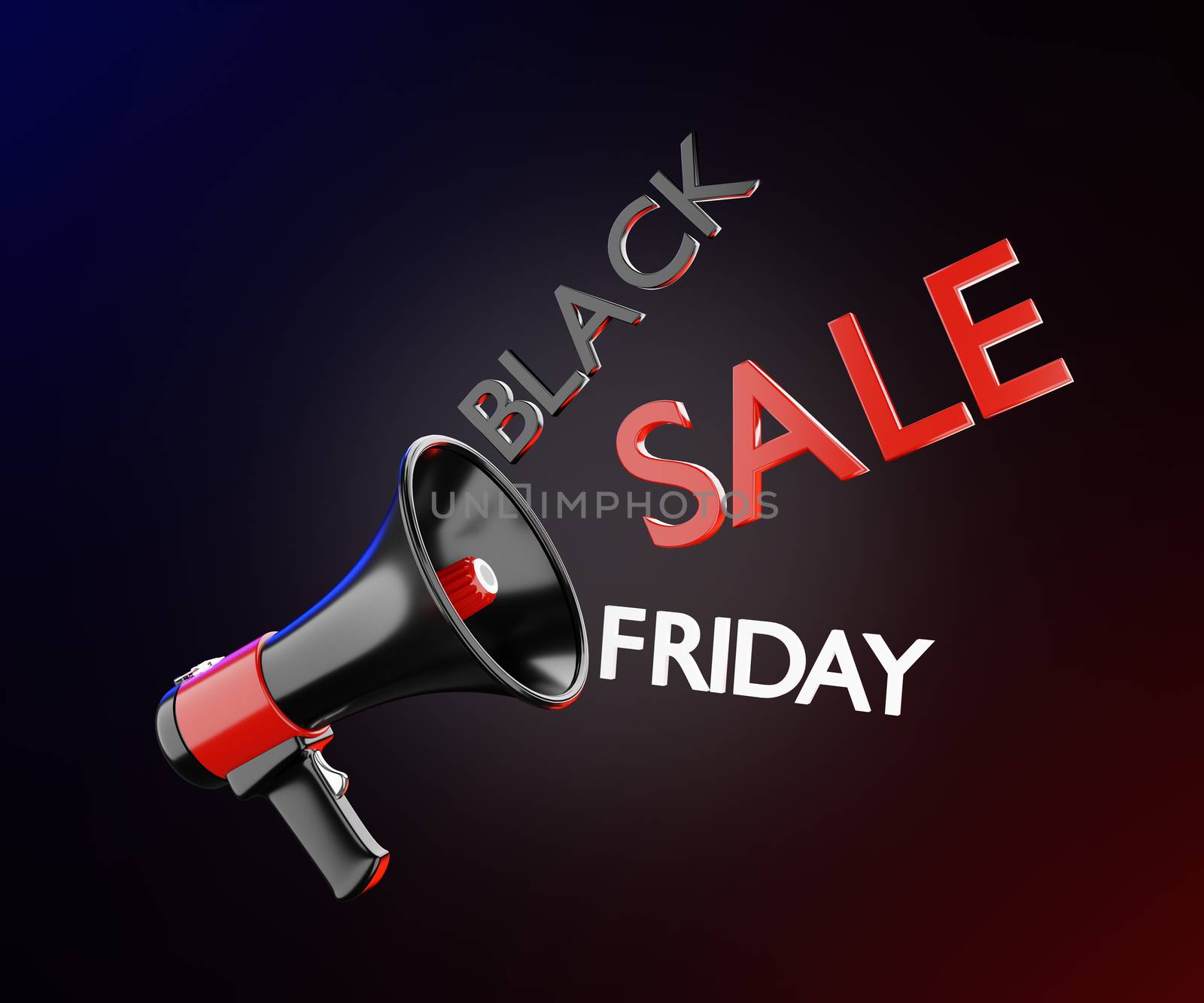 Megaphones are announcing about the Black Friday Festival in a black background with beautiful blue and red lights. Concept of the shopping season on weekends of November every year. 3D rendering.