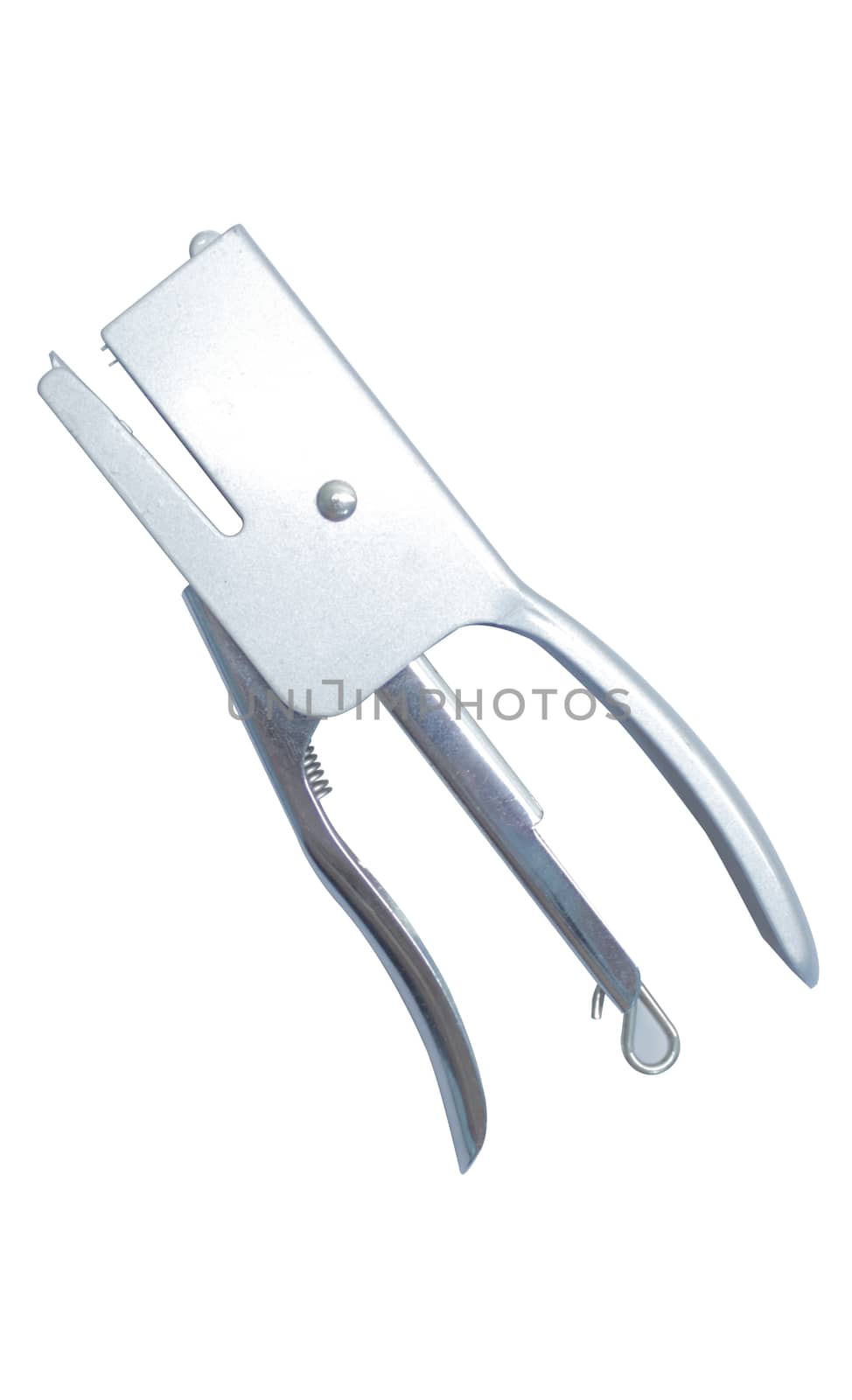 Light grey insulated metal stapler on a white background .Texture or background by Mastak80