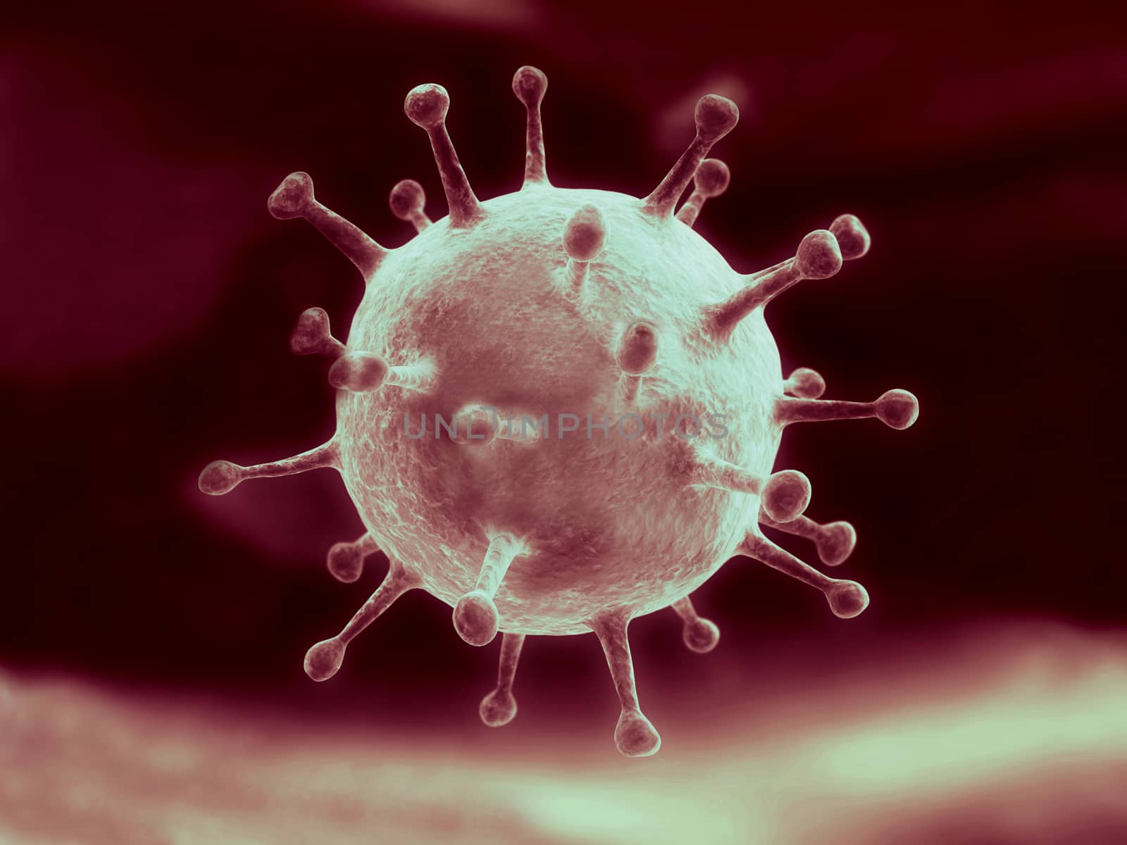 A new flu virus under a microscope close up in red
