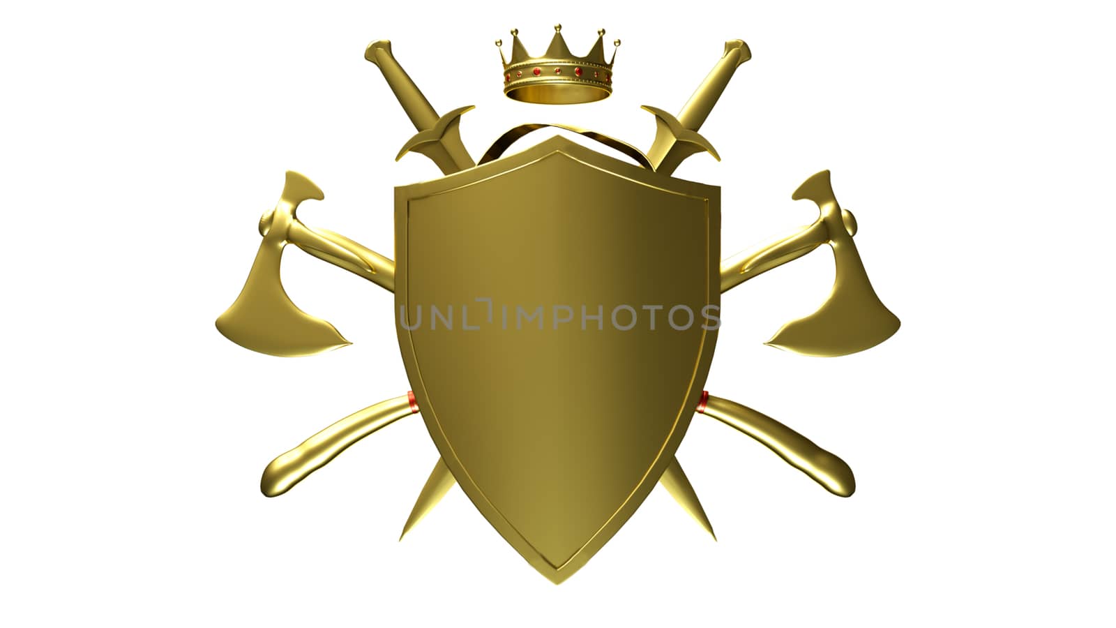 The Golden coat of arms of a medieval knight shield and sword are isolated on a white background