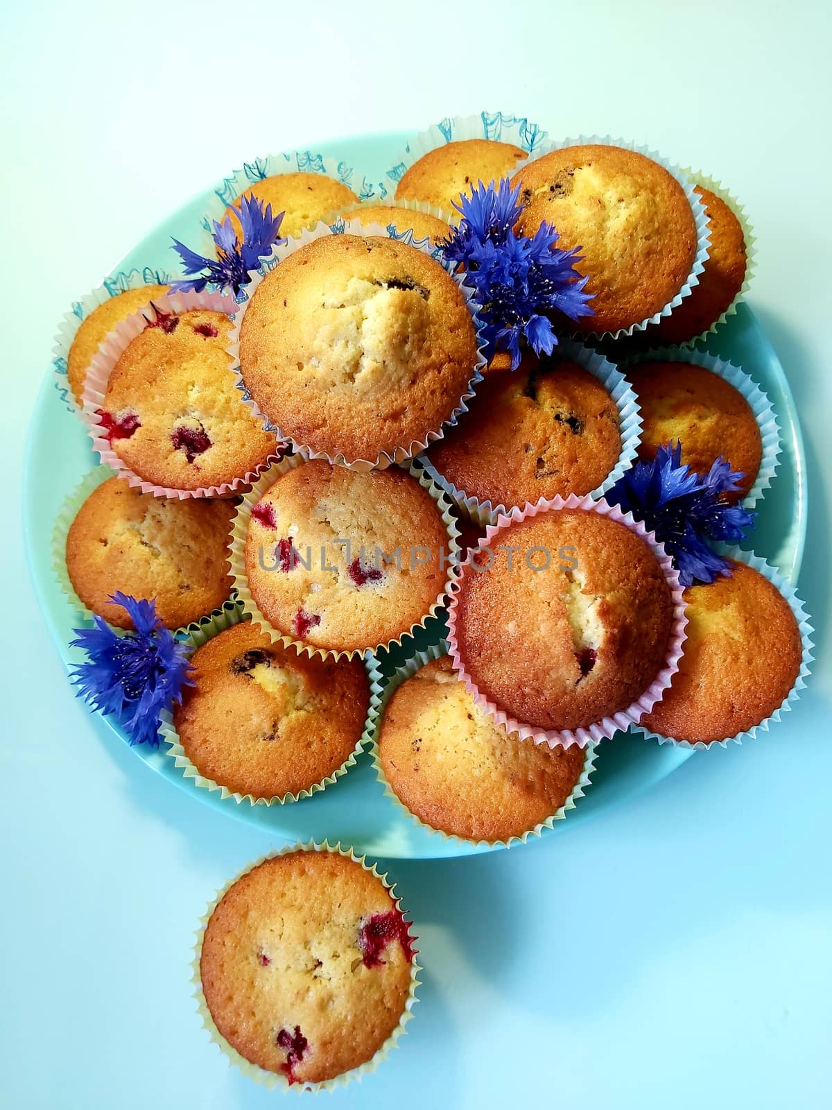 On a plate homemade cupcakes with flowers of meadow cornflowers