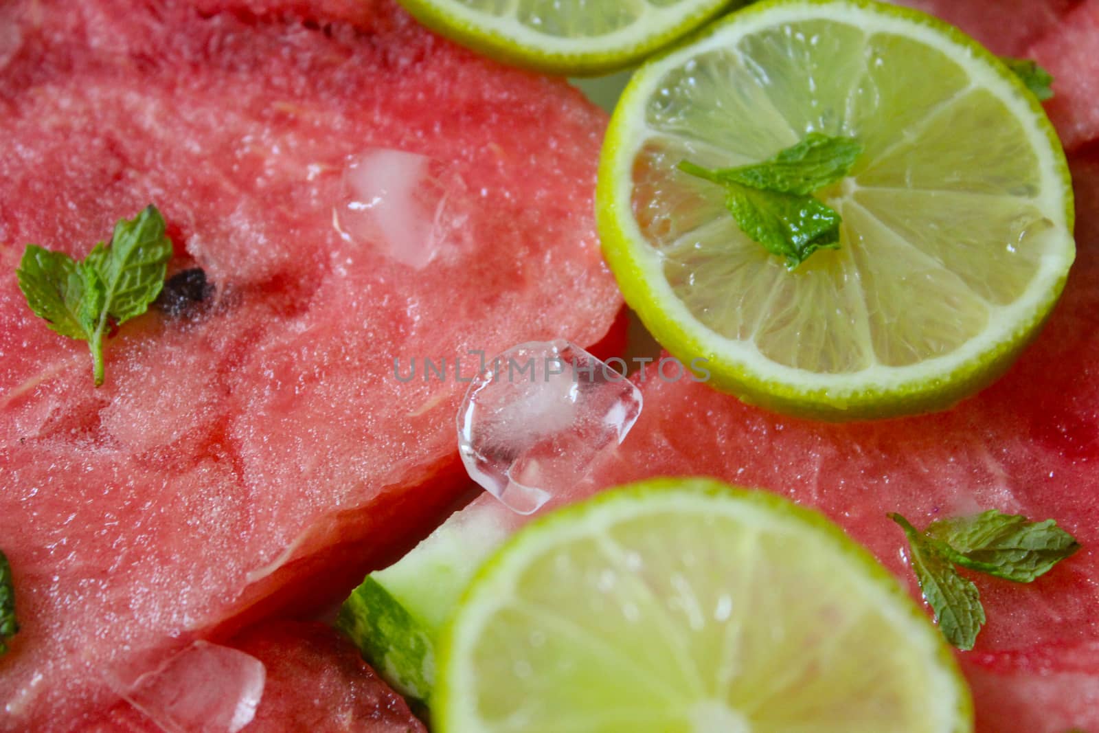 Sliced slices of juicy watermelon close-up with lime and mint.Texture or background