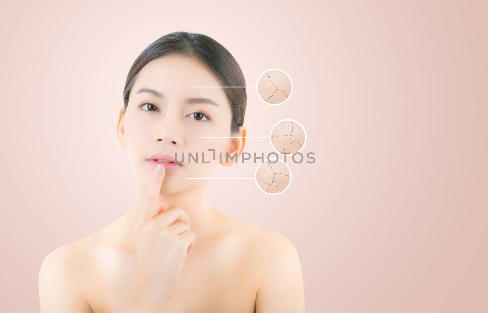 skincare and health concept - beautiful asian young woman face with wrinkles over circles for advertising.