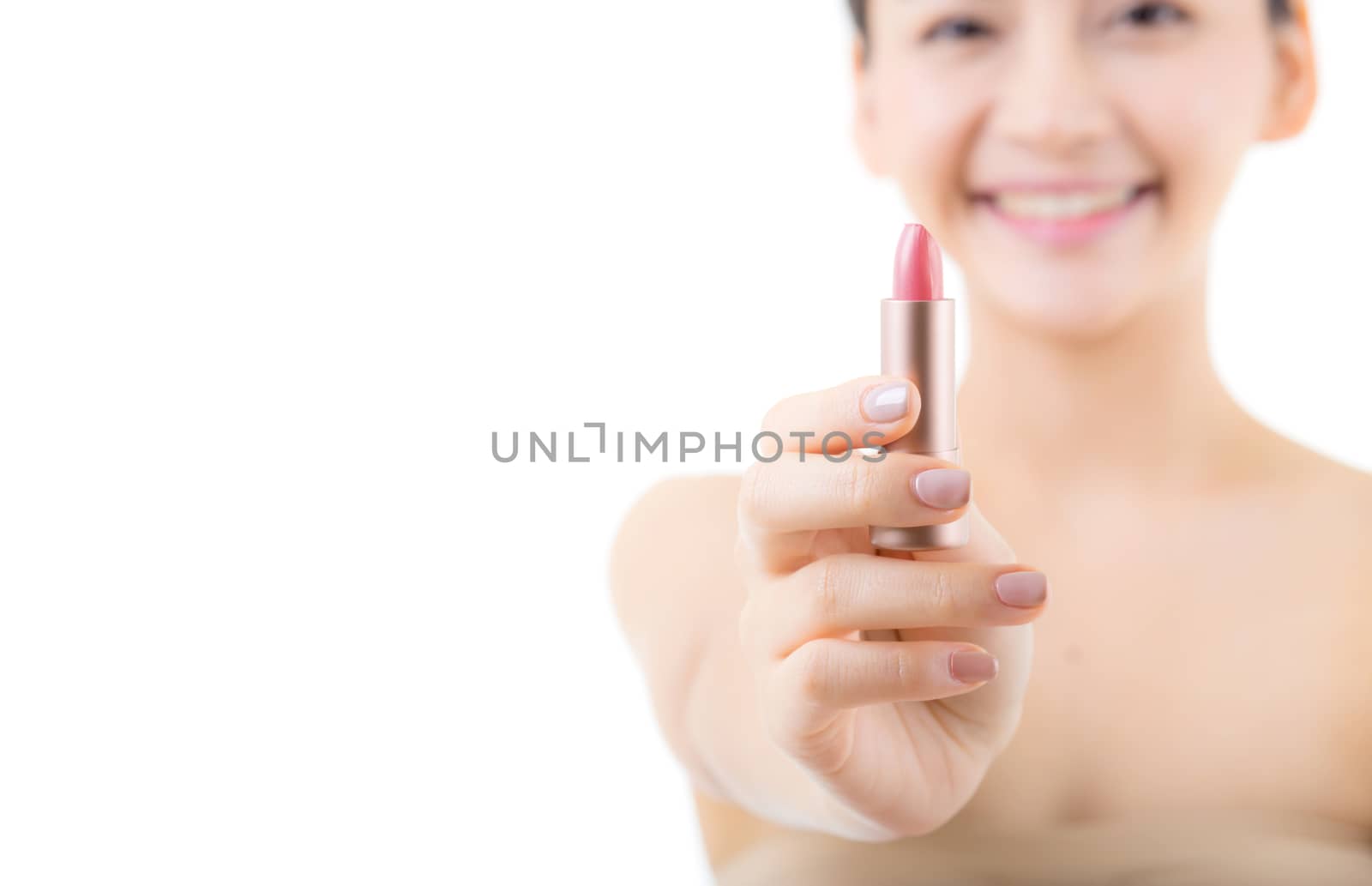Lips makeup asian woman with lip balm care. Beauty Asian girl holding lipstick with happy. cosmetics beauty concept.