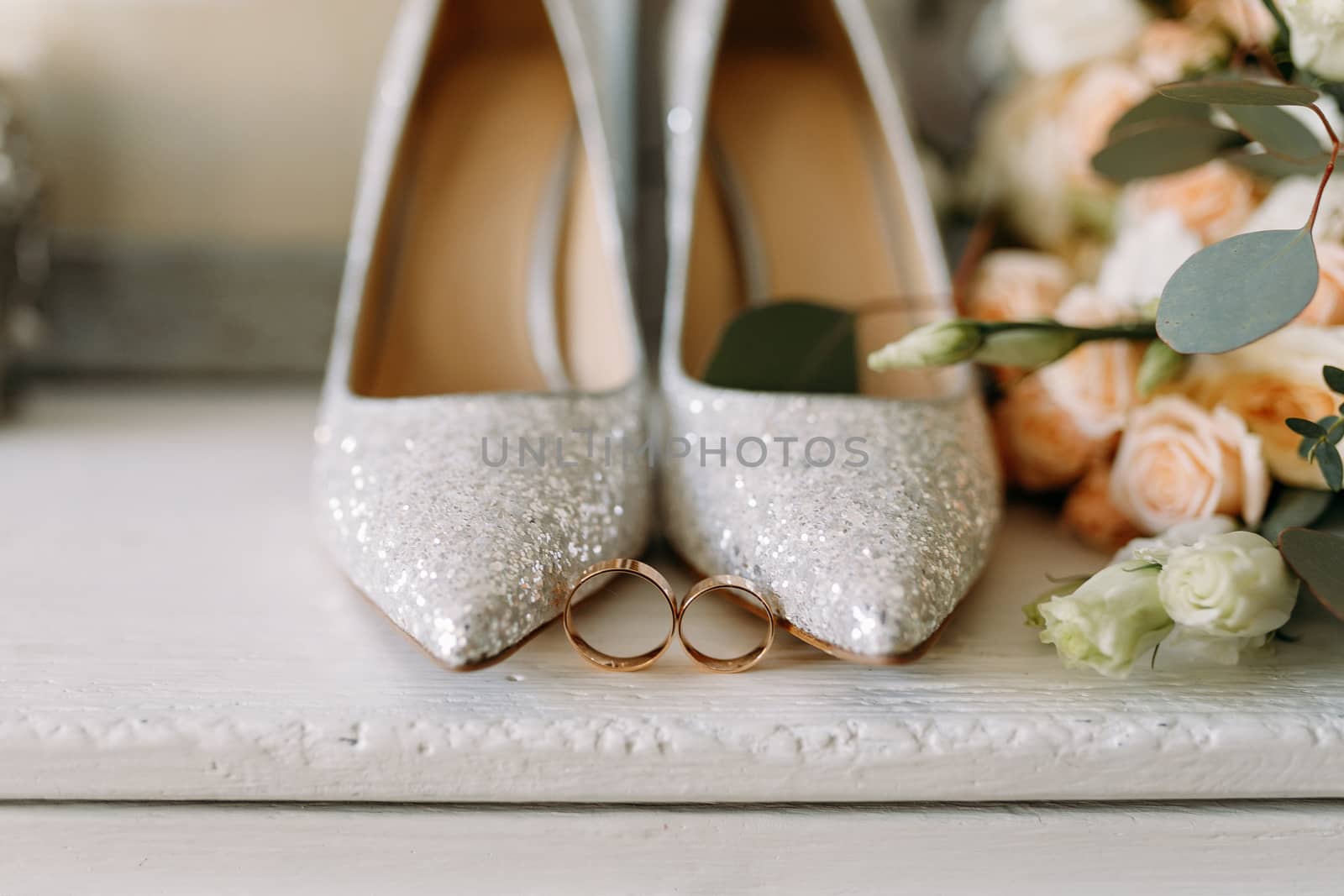 Wedding shoes and wedding paraphernalia, wedding gold rings,, wedding bouquet by Mastak80
