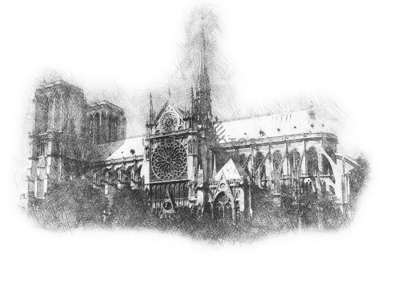 Pencil drawing of a historic building on a white sheet of paper