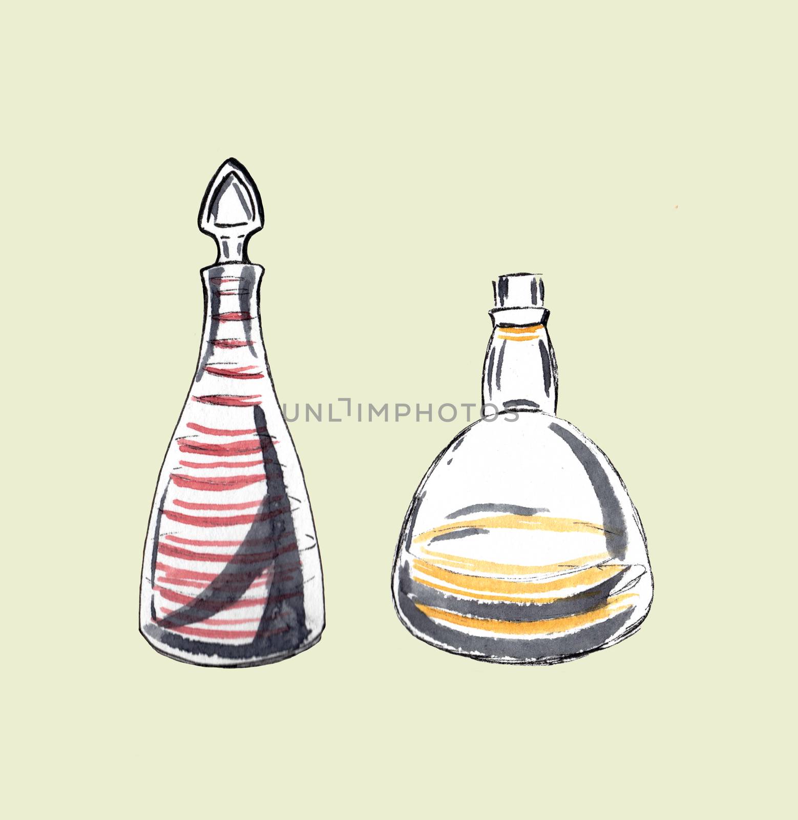 Decorative bottles isolated on light background. Set of Retro glass. Watercolor hand-drawn illustration. by sshisshka