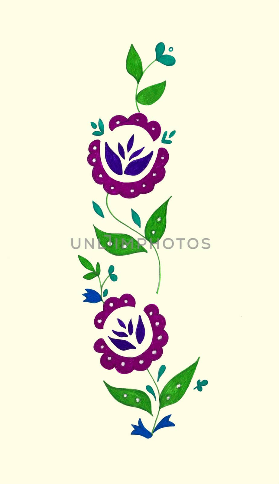 Decorative composition of abstract doodle flowers and leaves. Floral motif illustration. Design element. Hand drawn vertical ornament isolated on light creamy background