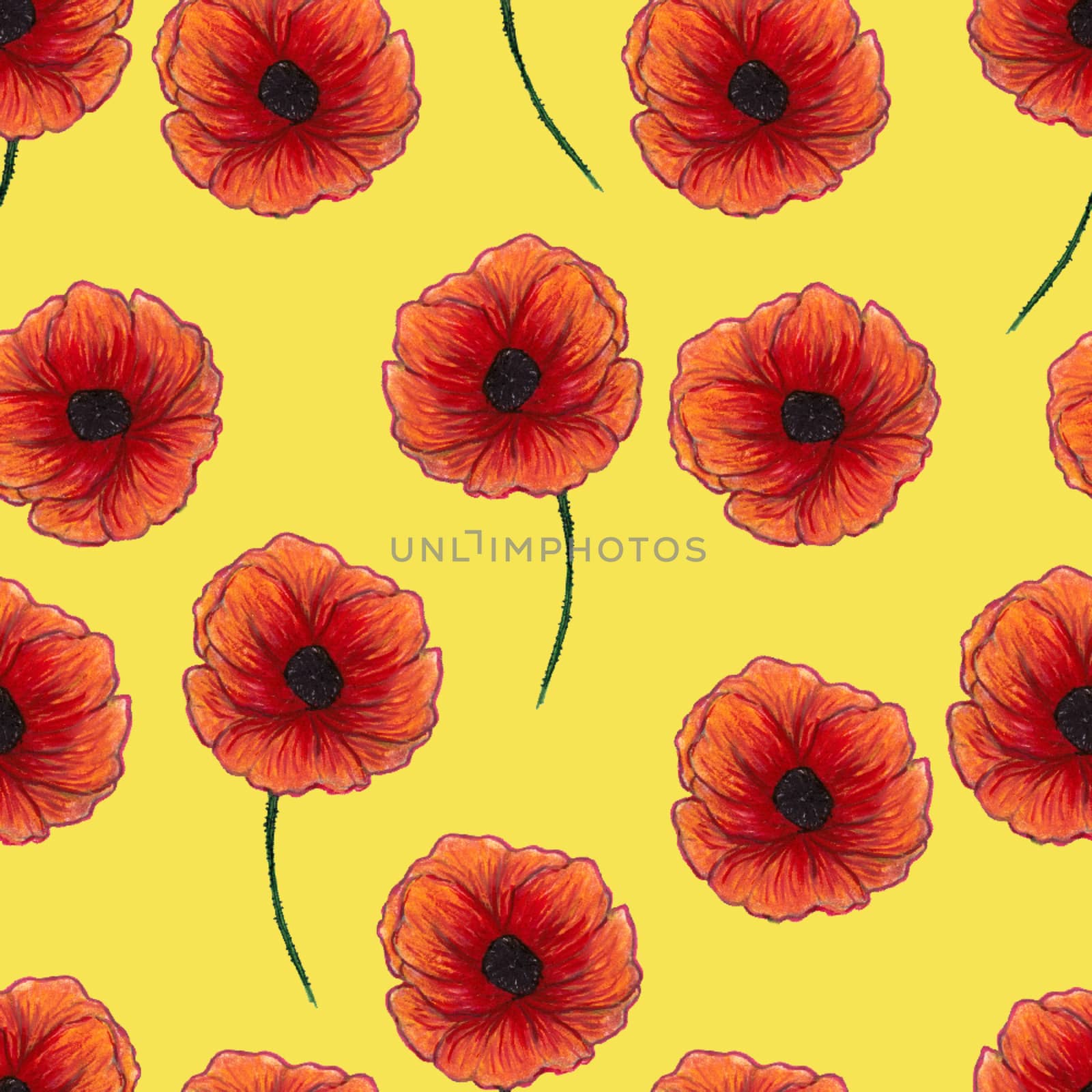 Beautiful red poppies isolated on yellow background. Bright Floral seamless Pattern. Summer backdrop. Can be used for textile,wallpaper,print,web design, fabric, wrapping paper.Hand drawn illustration by sshisshka