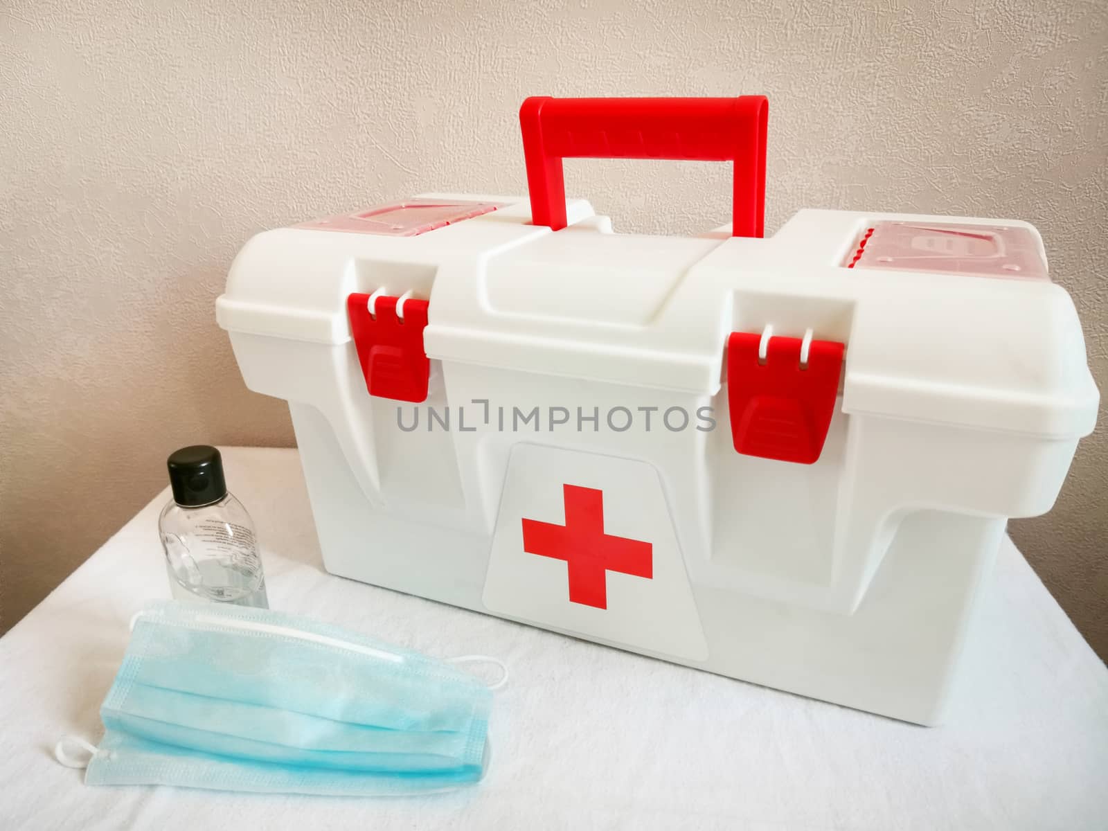 Prevention from the flu virus hand sanitizer and home first aid kit with a protective face mask