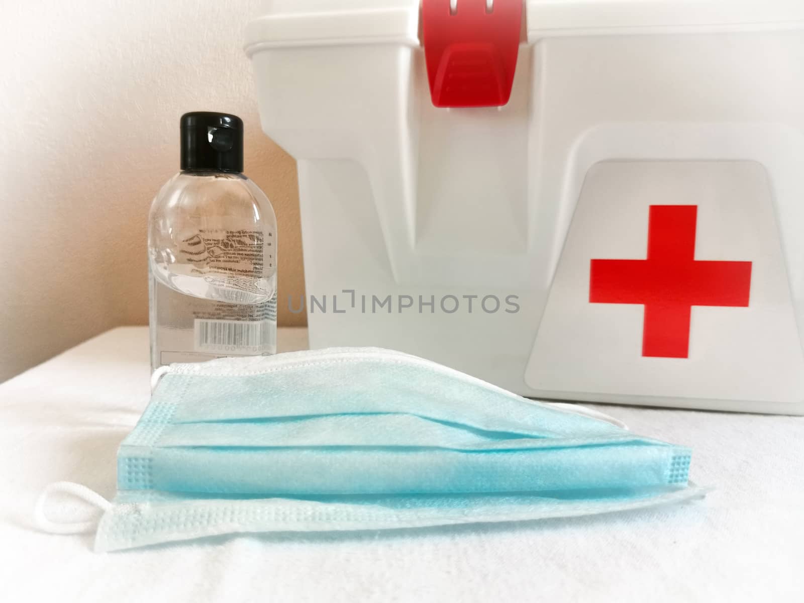 Prevention from the flu virus hand sanitizer and home first aid kit with a protective face mask