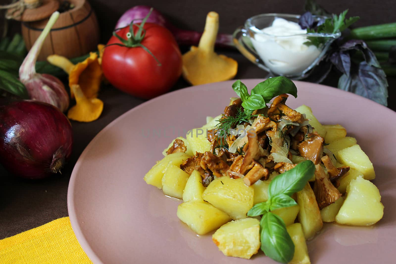 Rustic potatoes with fried mushrooms and herbs.Texture or background