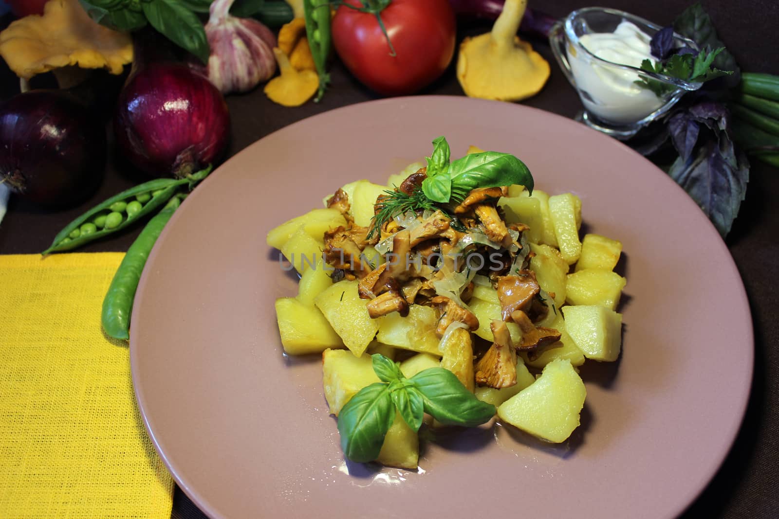 Homemade dish with mushrooms and potatoes.Texture or background