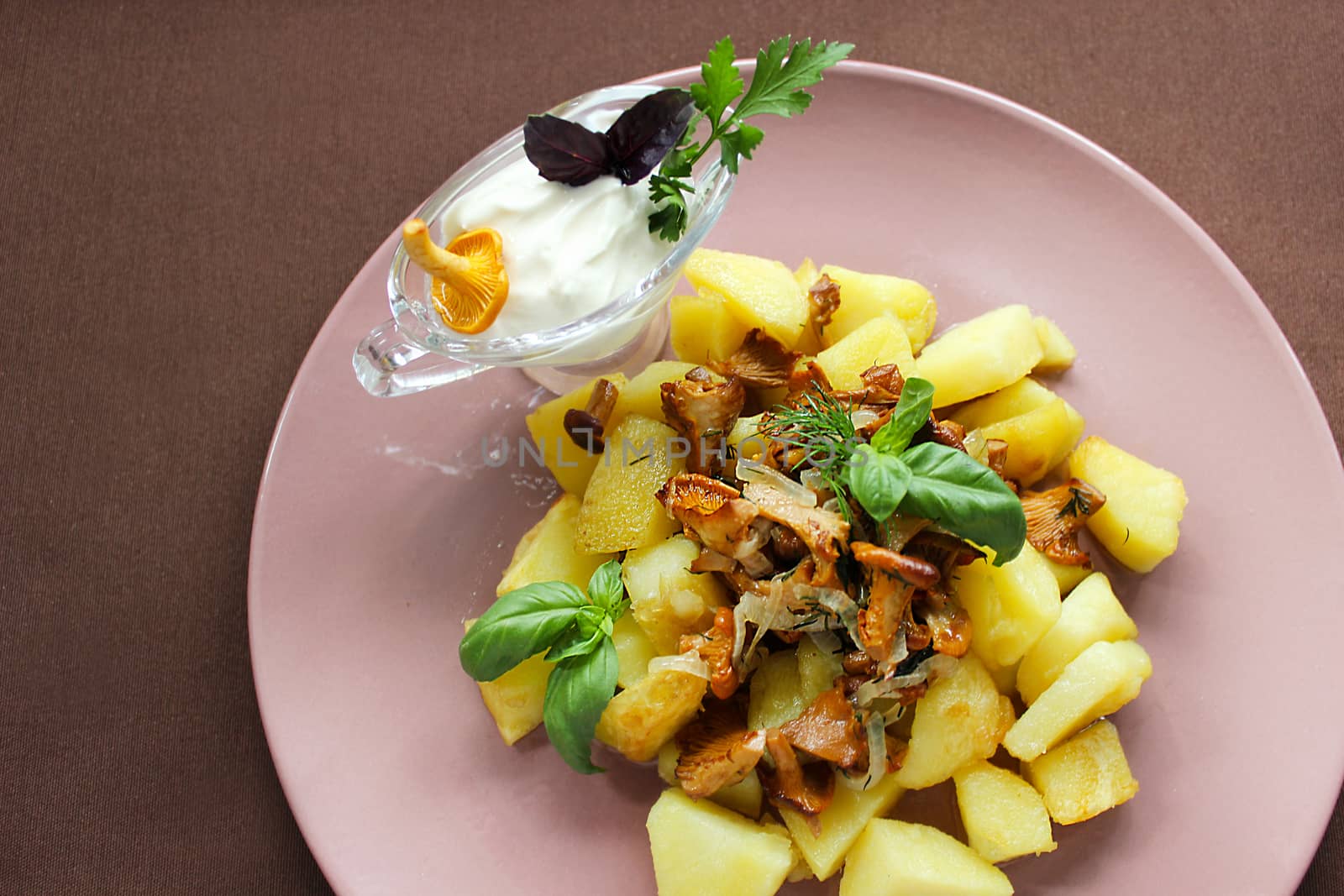 Mushrooms with onions and country fried potatoes with sauce
