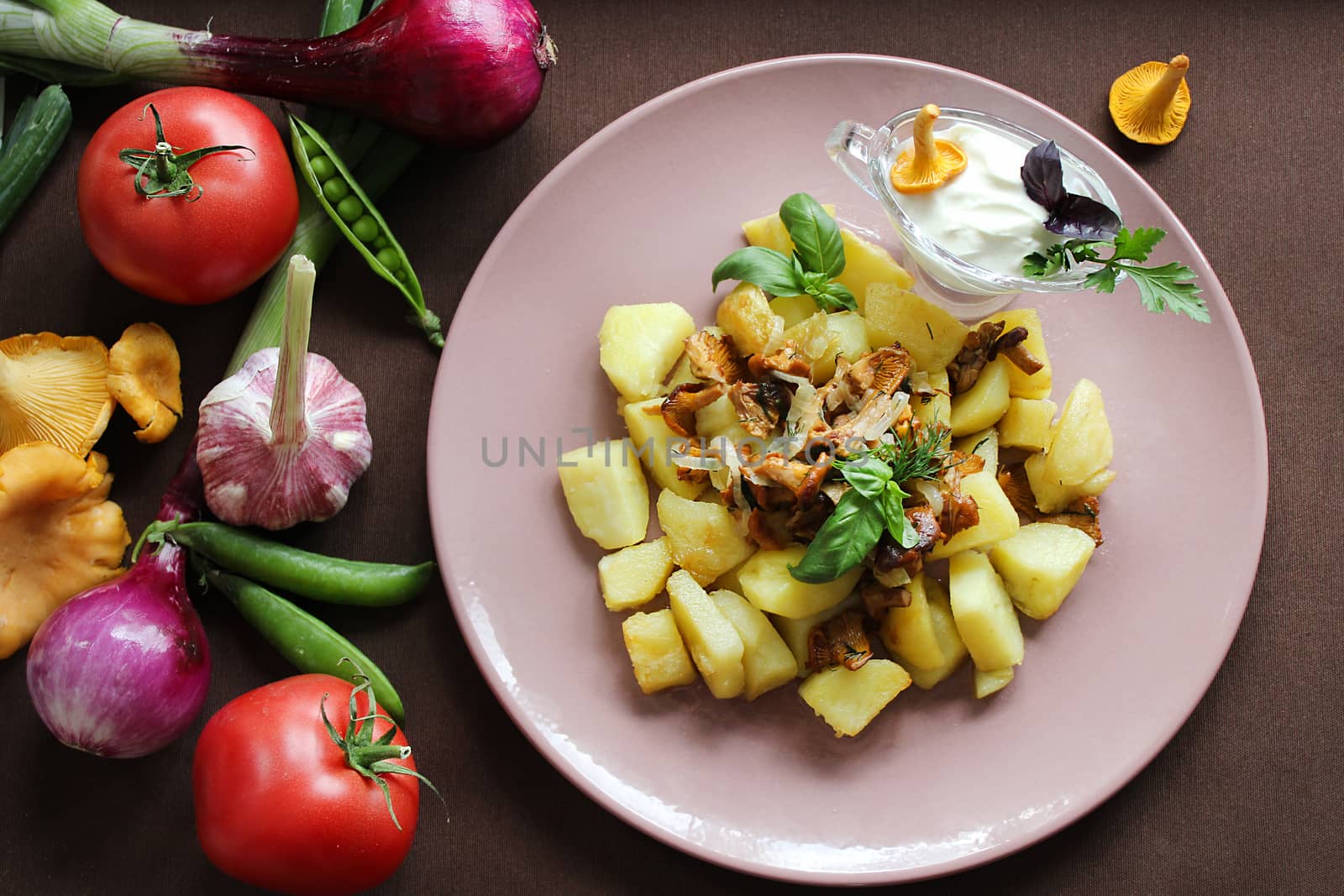 Cooked mushrooms with potatoes in a rustic way.Texture or background