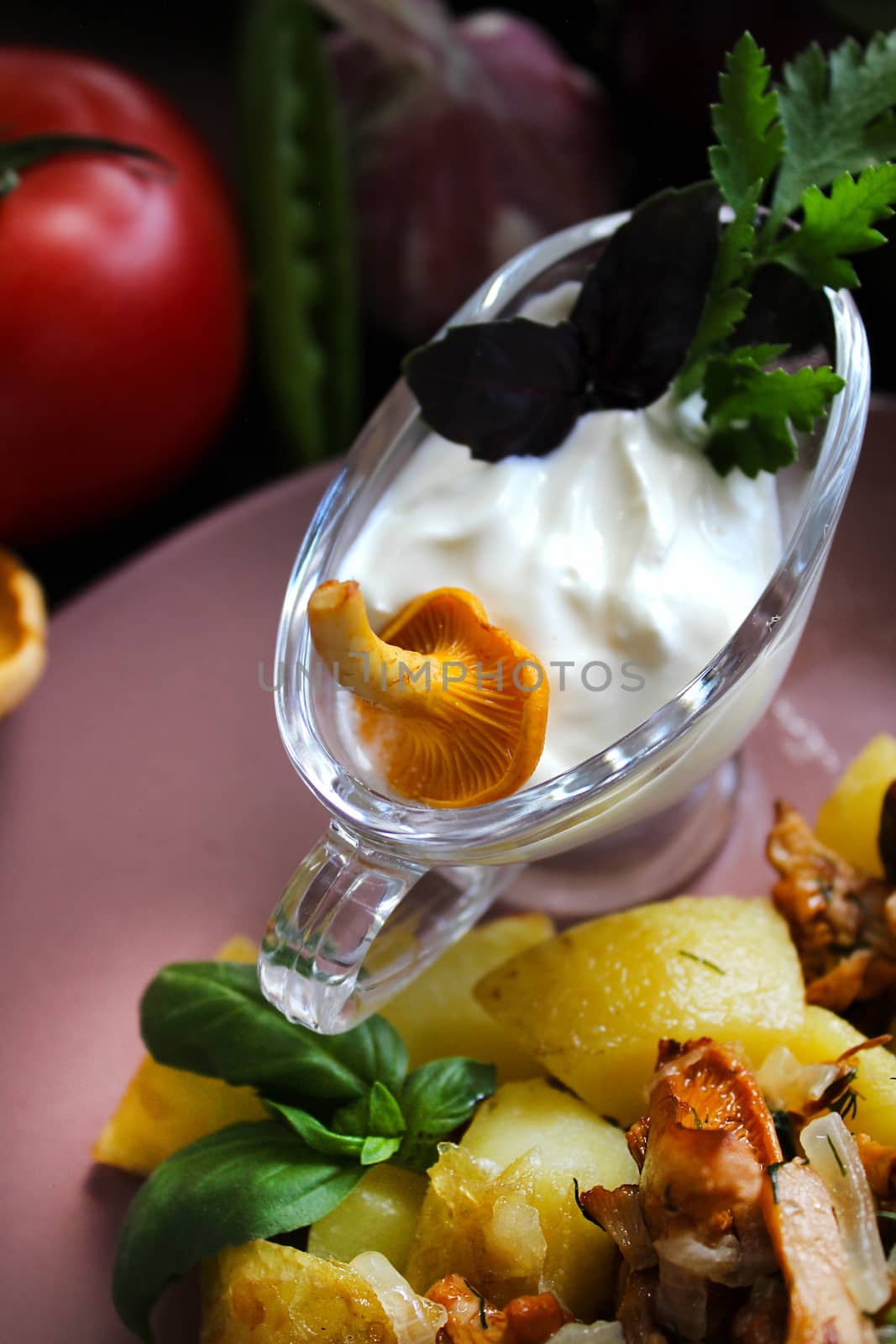 Close-up Slavic dish of mushrooms with potatoes.Texture or background