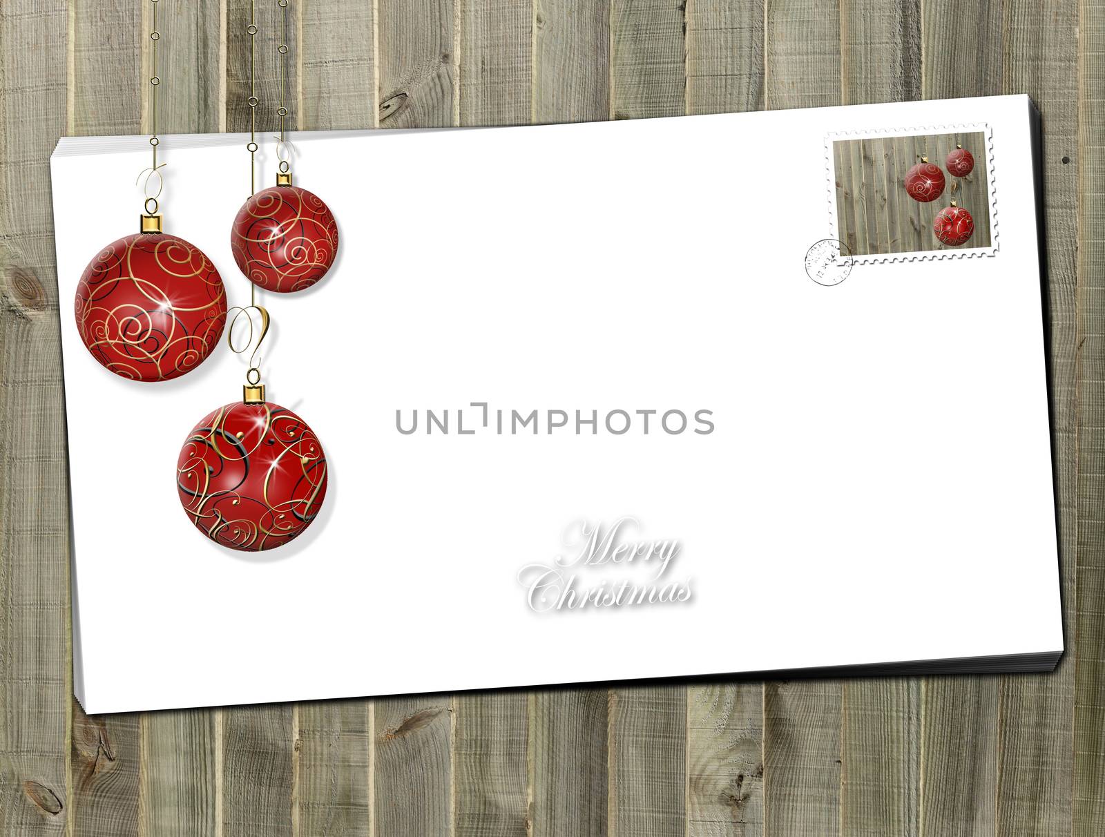 Christmas wooden background. Red balls on white envelope with stamp. Mock up. Text Merry Christmas. 3D rendering