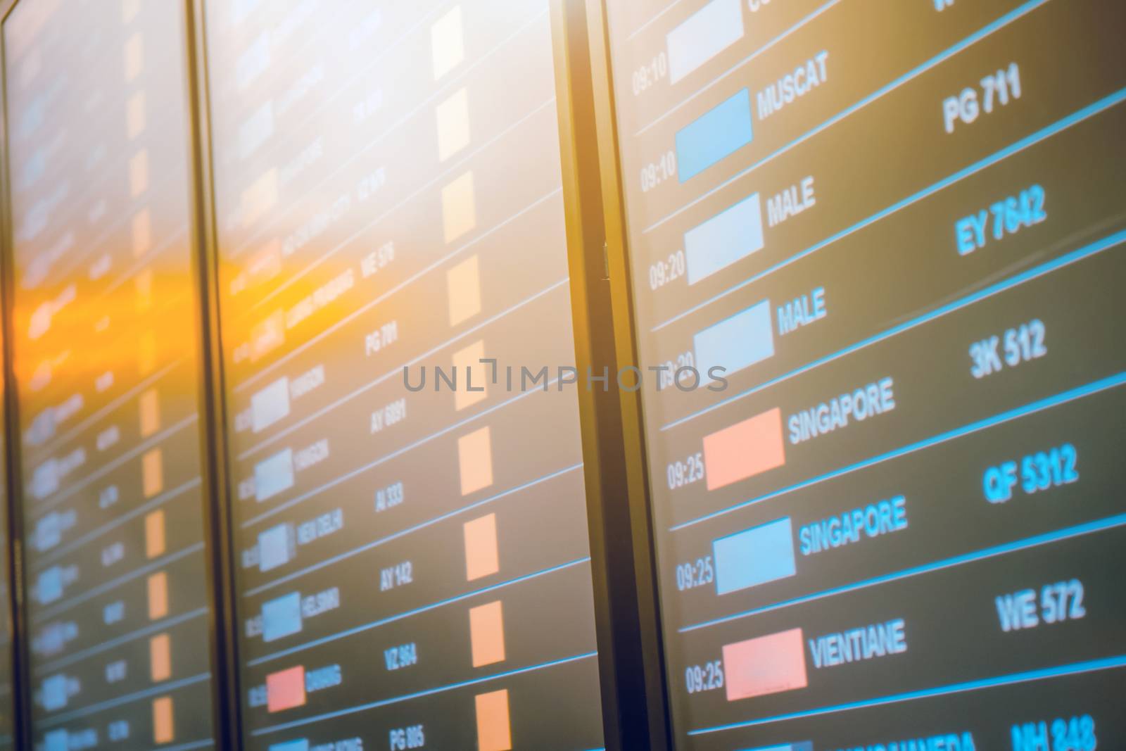 Airport Lock down - Close-up of  Airport billboard panel with cancelled flights in the airport at Suvarnabhumi Airport during COVID-19 epidemic situation.