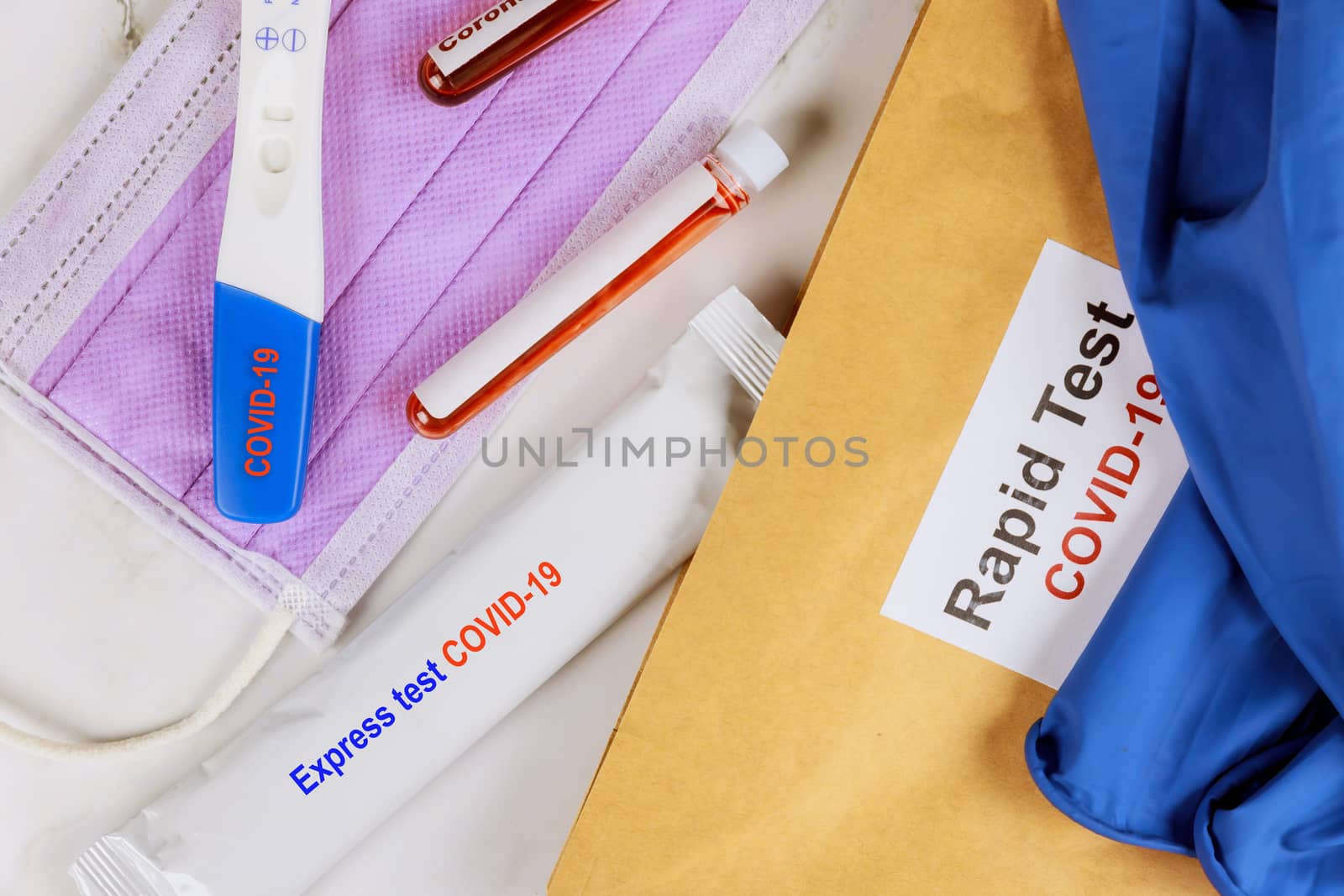 Coronavirus global pandemic rapid test for COVID-19 of a with gloves sterile surgical mask