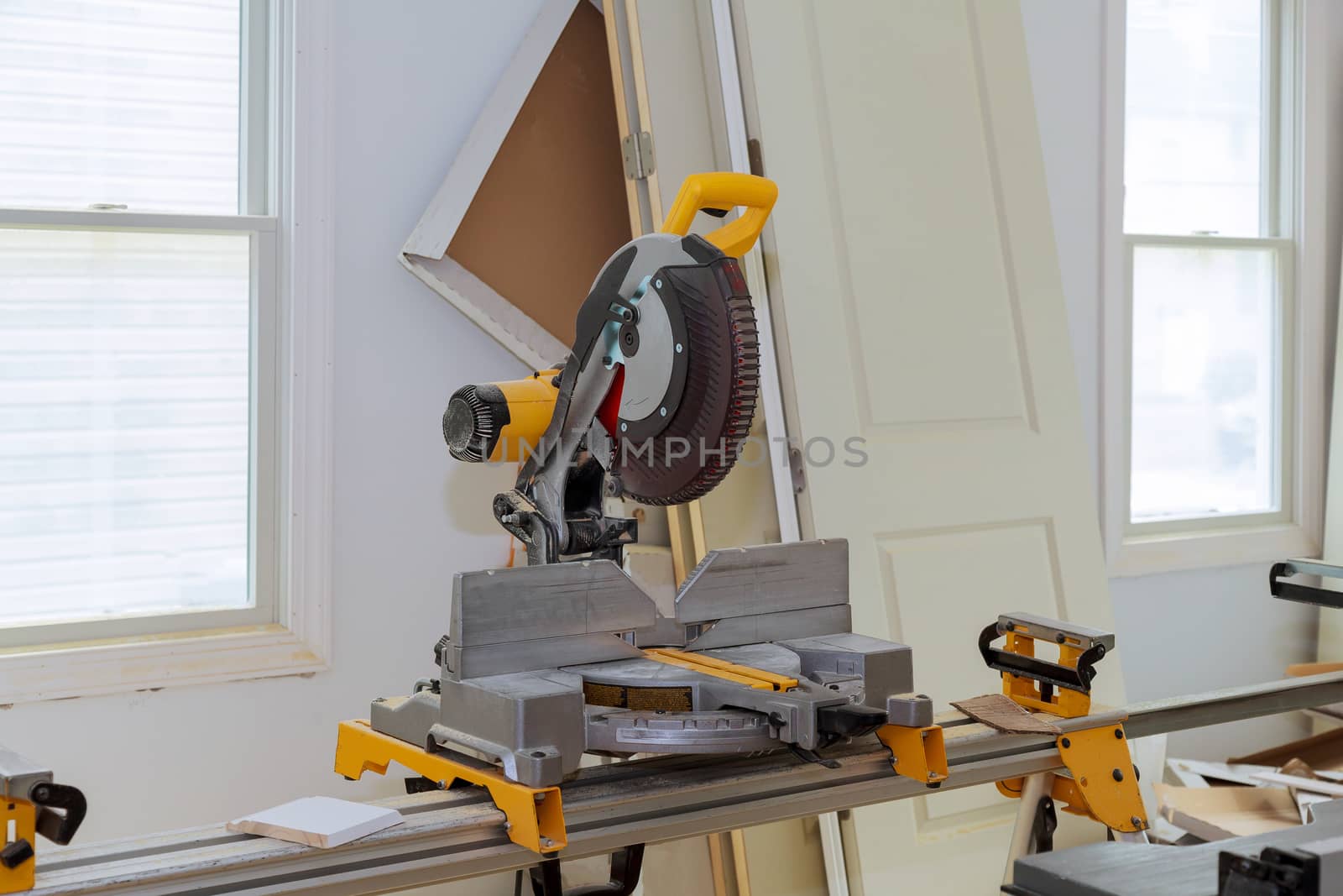 Close up of circular saw for under construction of circular saw sharp rotary blade wood work equipment