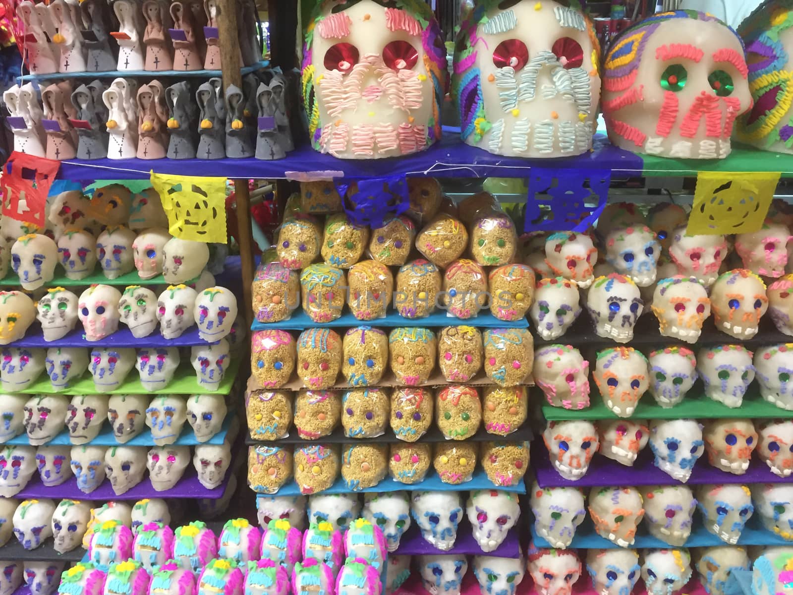 Mexican sugar skulls, traditional sweets used as offerings at altars for the Day of the Dead and only available around the time of that celebration