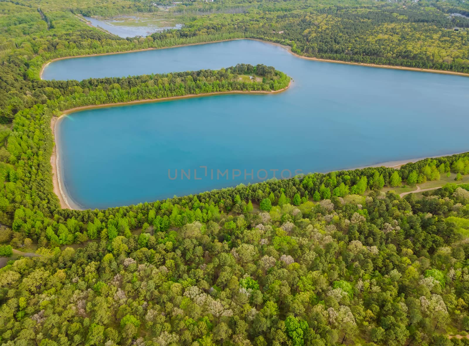 Aerial view of green forests on a sunny summer day beautiful view of idyllic in the silent blue lake