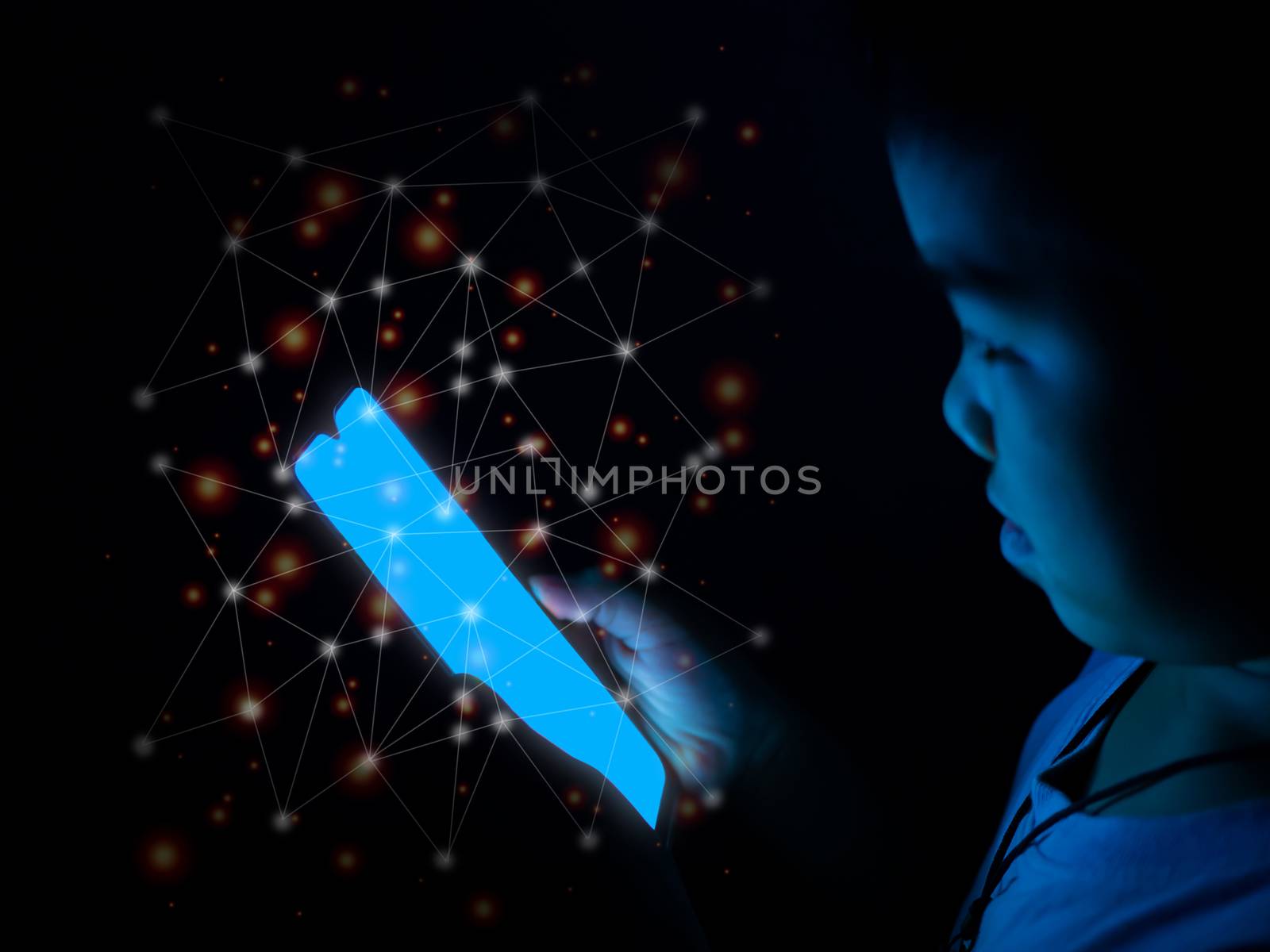 Boy holding the phone screen blank And there is a hologram on the connecting line representing digital communication. internet and communication concept of social media.